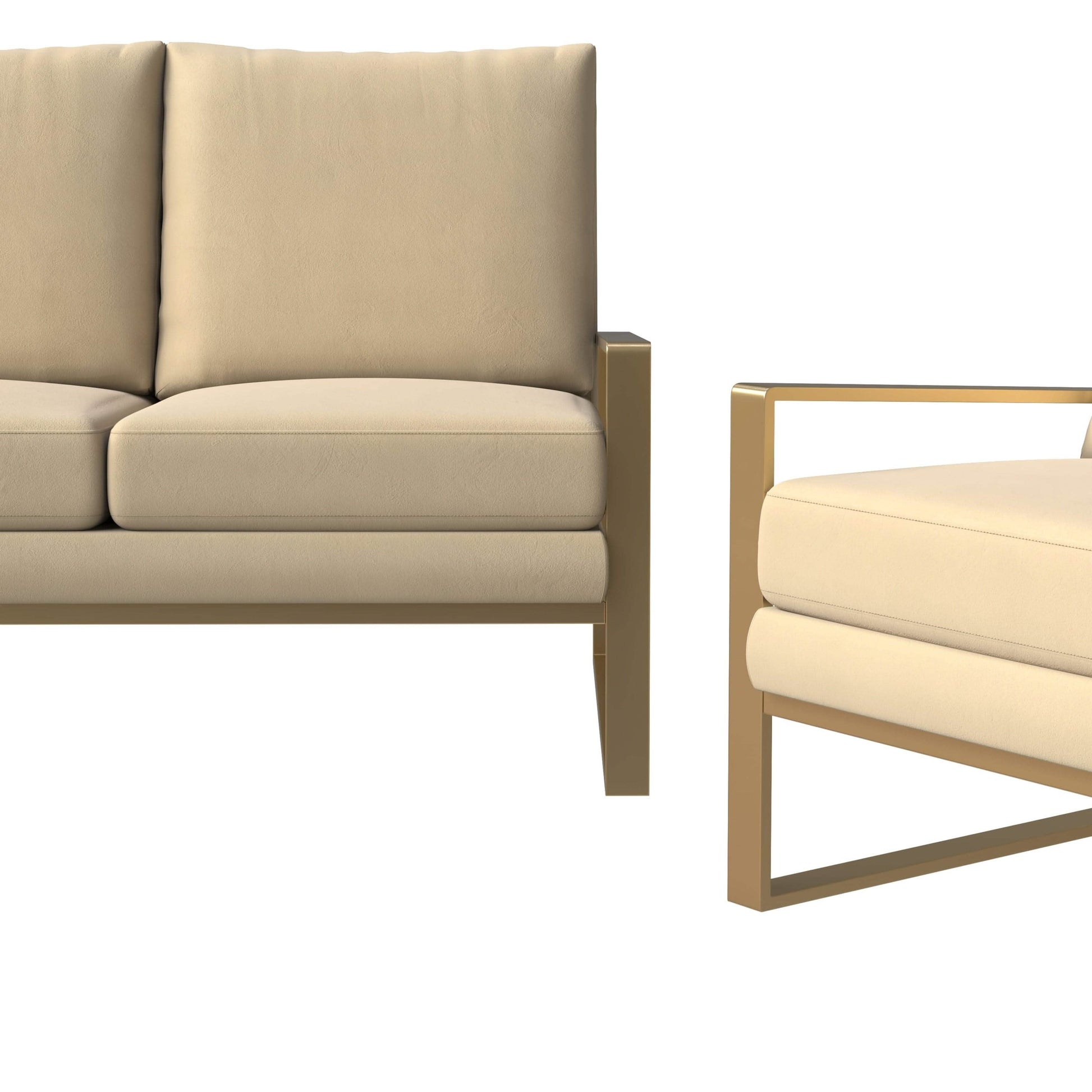 Jefferson 3 - Piece Leather Sofa Set with Silver/Gold Stainless Steel Base Accent Chair and Loveseat