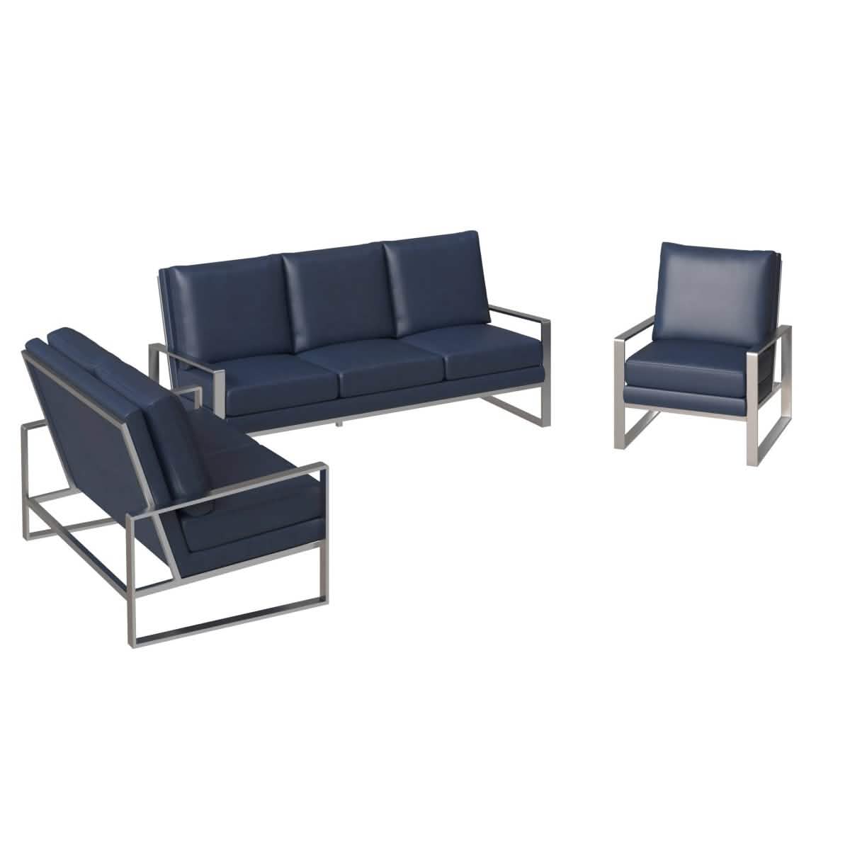 Jefferson 3 - Piece Leather Sofa Set with Silver/Gold Stainless Steel Base Accent Chair and Loveseat