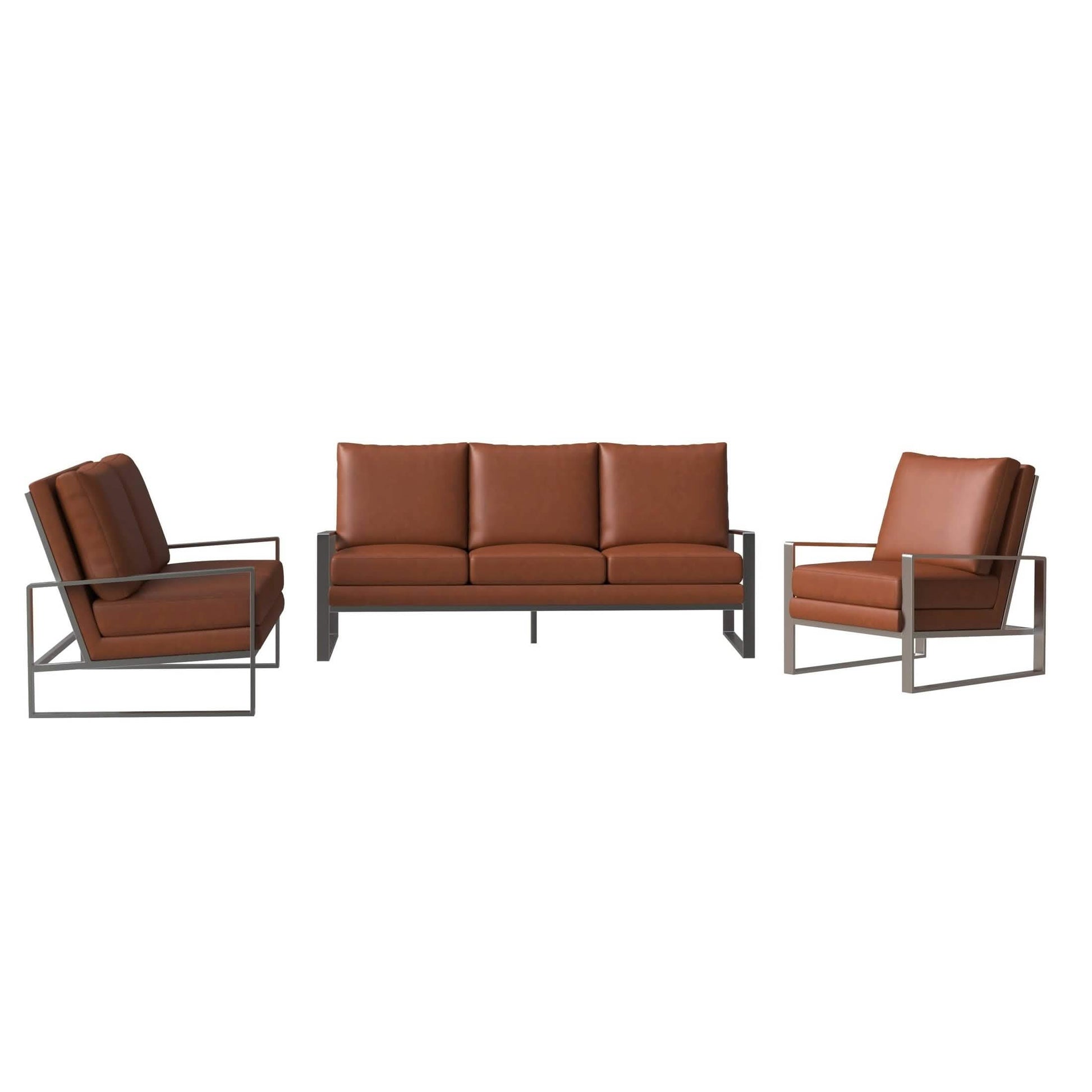 Jefferson 3 - Piece Leather Sofa Set with Silver/Gold Stainless Steel Base Accent Chair and Loveseat