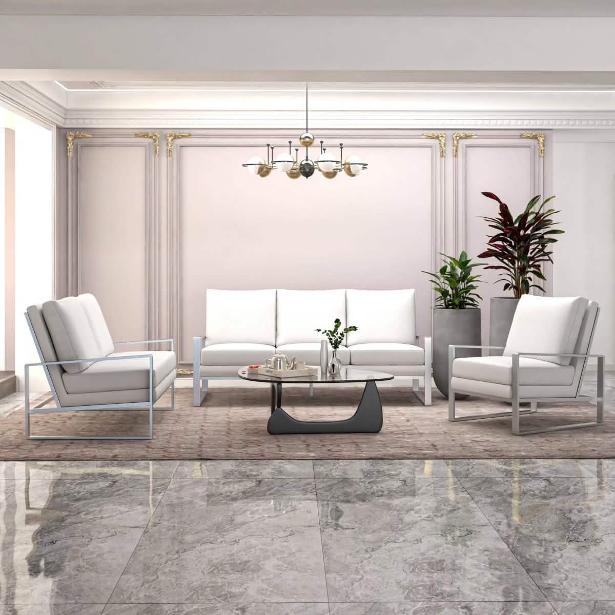 Jefferson 3 - Piece Leather Sofa Set with Silver/Gold Stainless Steel Base Accent Chair and Loveseat