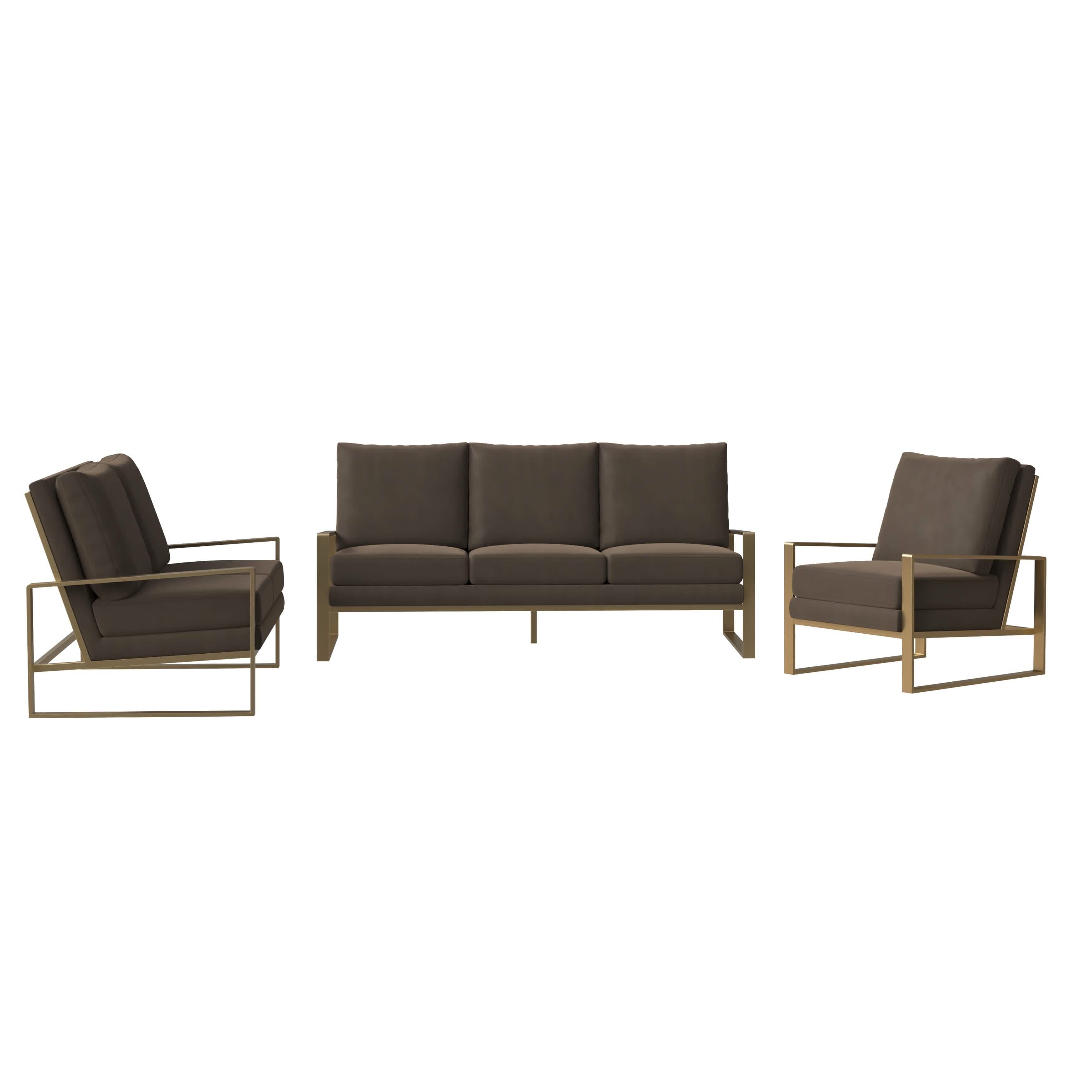 Jefferson 3 - Piece Leather Sofa Set with Silver/Gold Stainless Steel Base Accent Chair and Loveseat