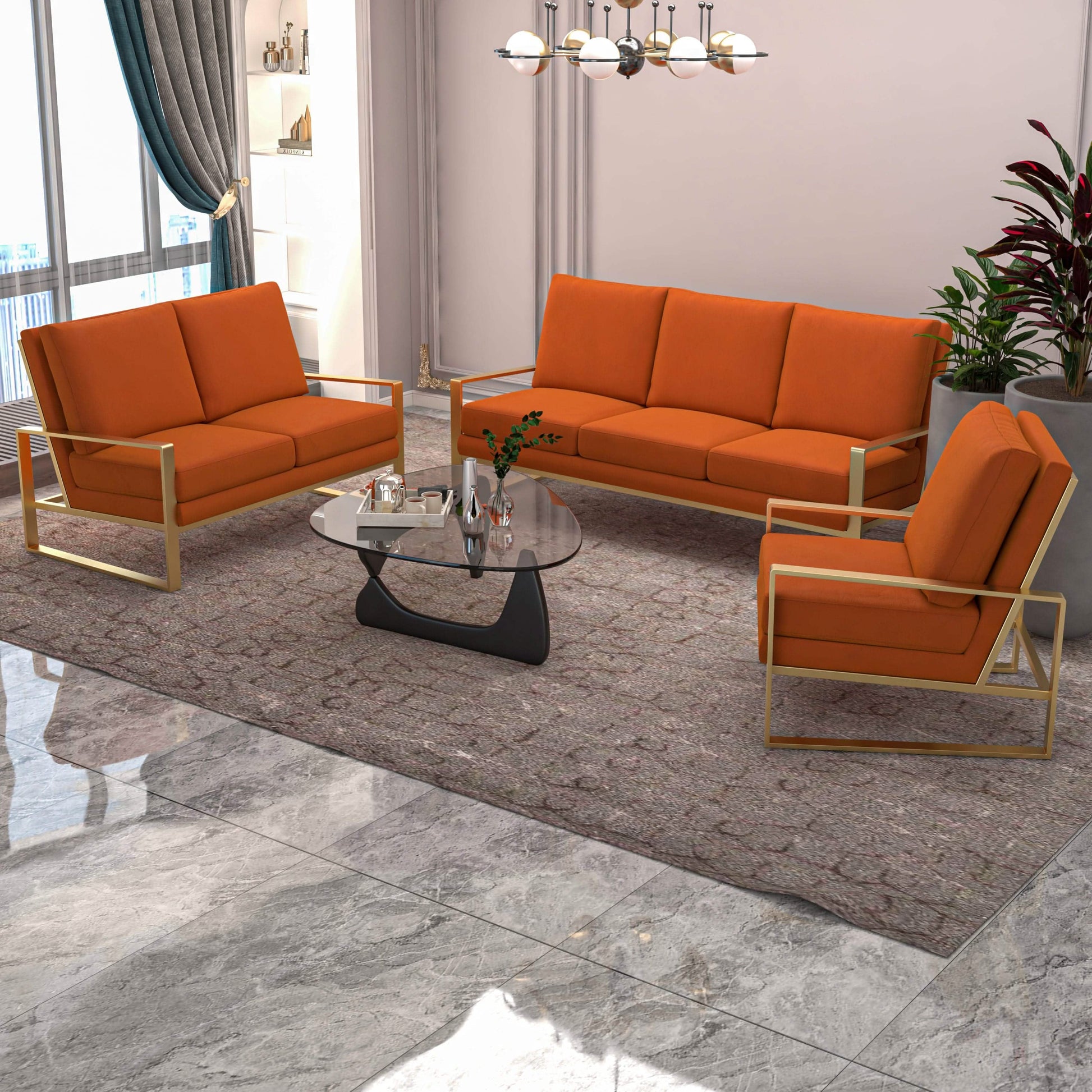 Jefferson 3 - Piece Leather Sofa Set with Silver/Gold Stainless Steel Base Accent Chair and Loveseat