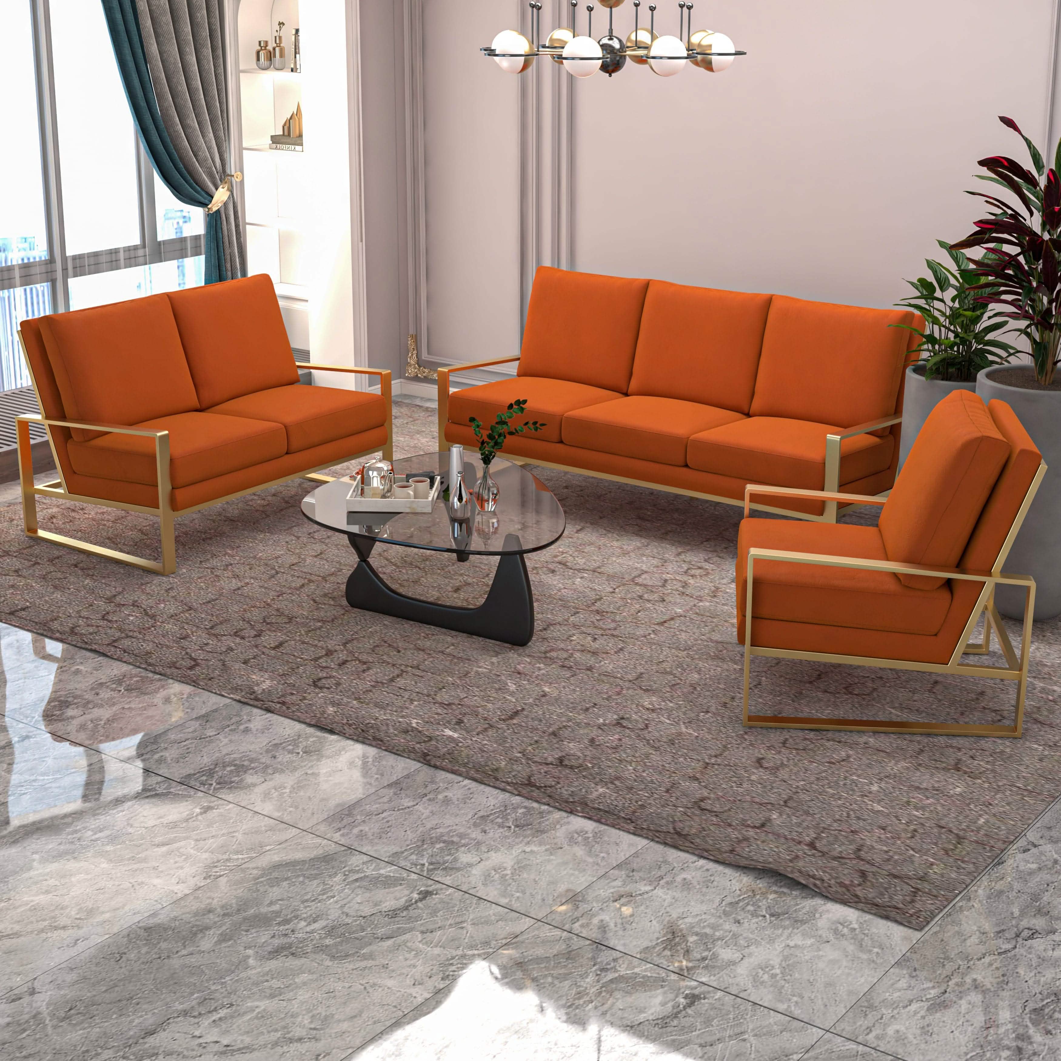 Jefferson 3 - Piece Leather Sofa Set with Silver/Gold Stainless Steel Base Accent Chair and Loveseat