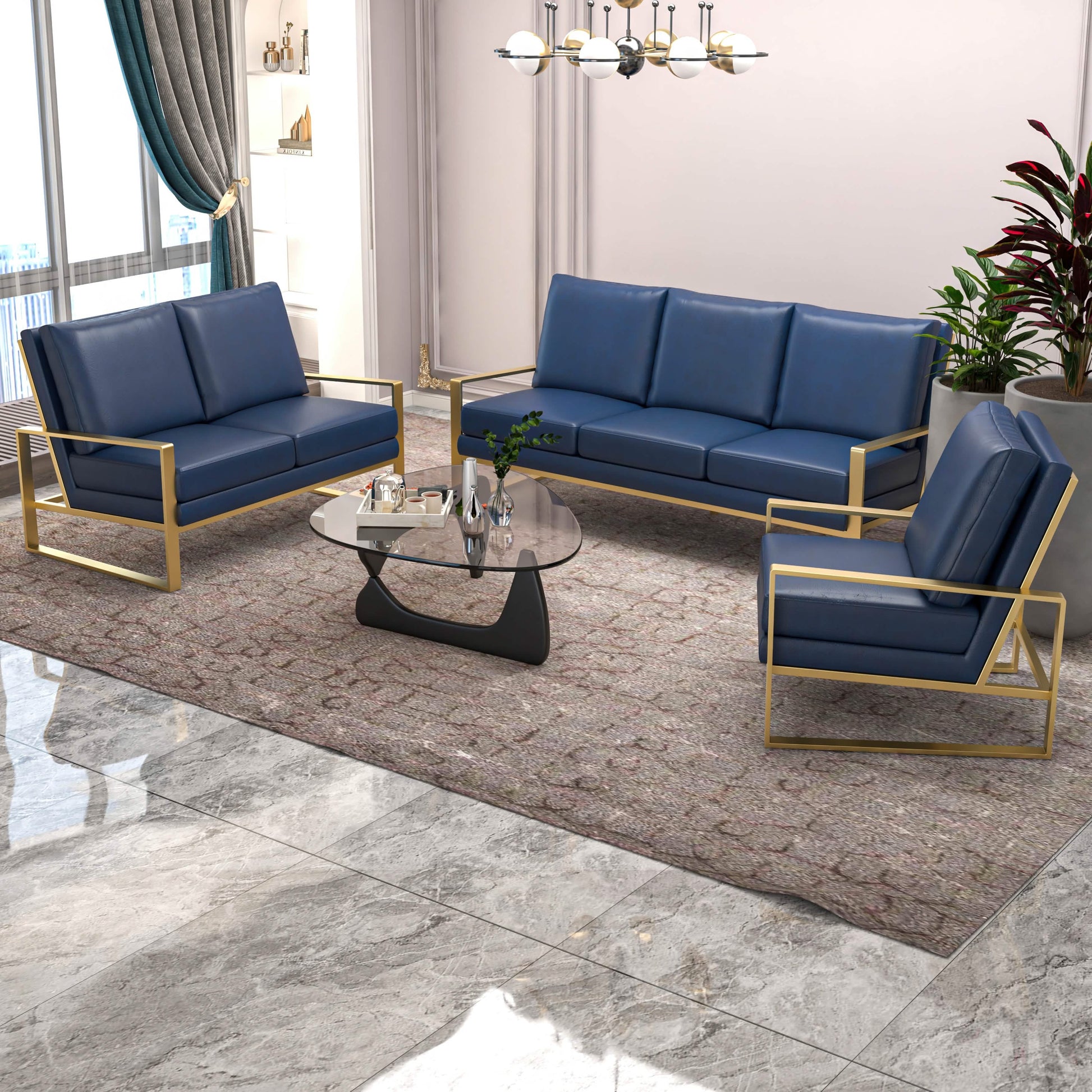 Jefferson 3 - Piece Leather Sofa Set with Silver/Gold Stainless Steel Base Accent Chair and Loveseat