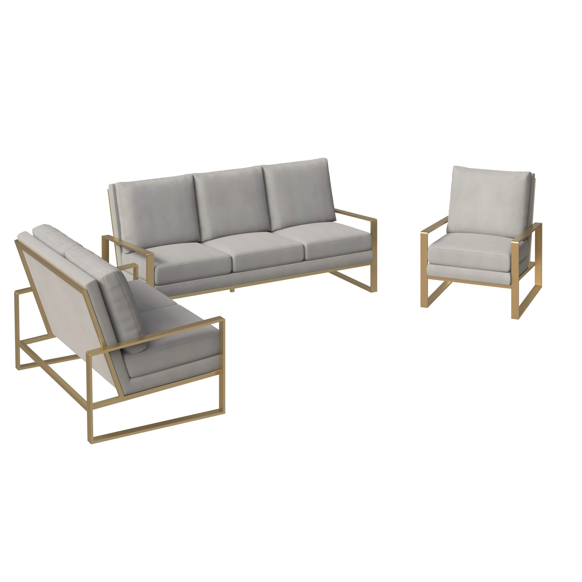 Jefferson 3 - Piece Leather Sofa Set with Silver/Gold Stainless Steel Base Accent Chair and Loveseat