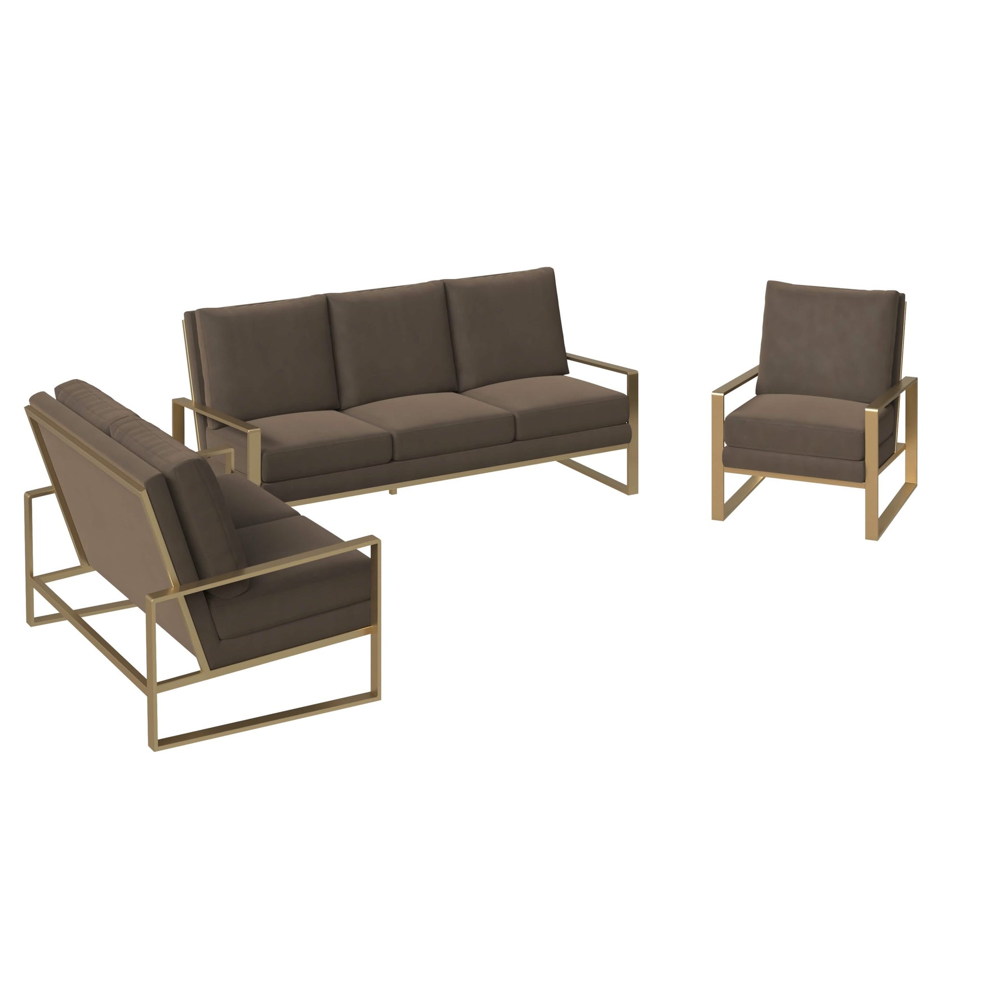 Jefferson 3 - Piece Leather Sofa Set with Silver/Gold Stainless Steel Base Accent Chair and Loveseat