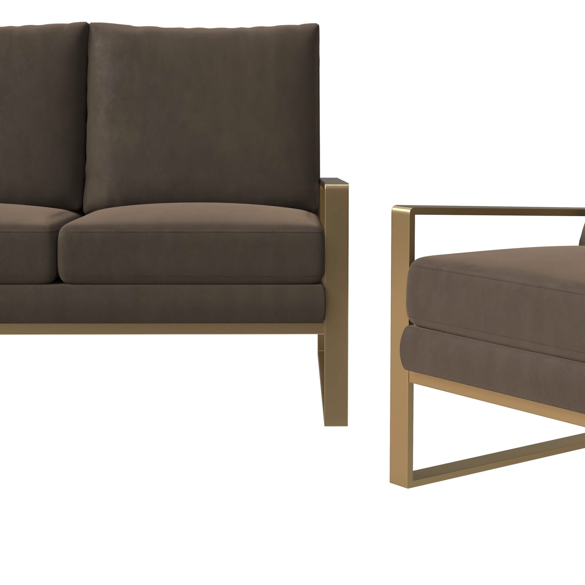 Jefferson 3 - Piece Leather Sofa Set with Silver/Gold Stainless Steel Base Accent Chair and Loveseat