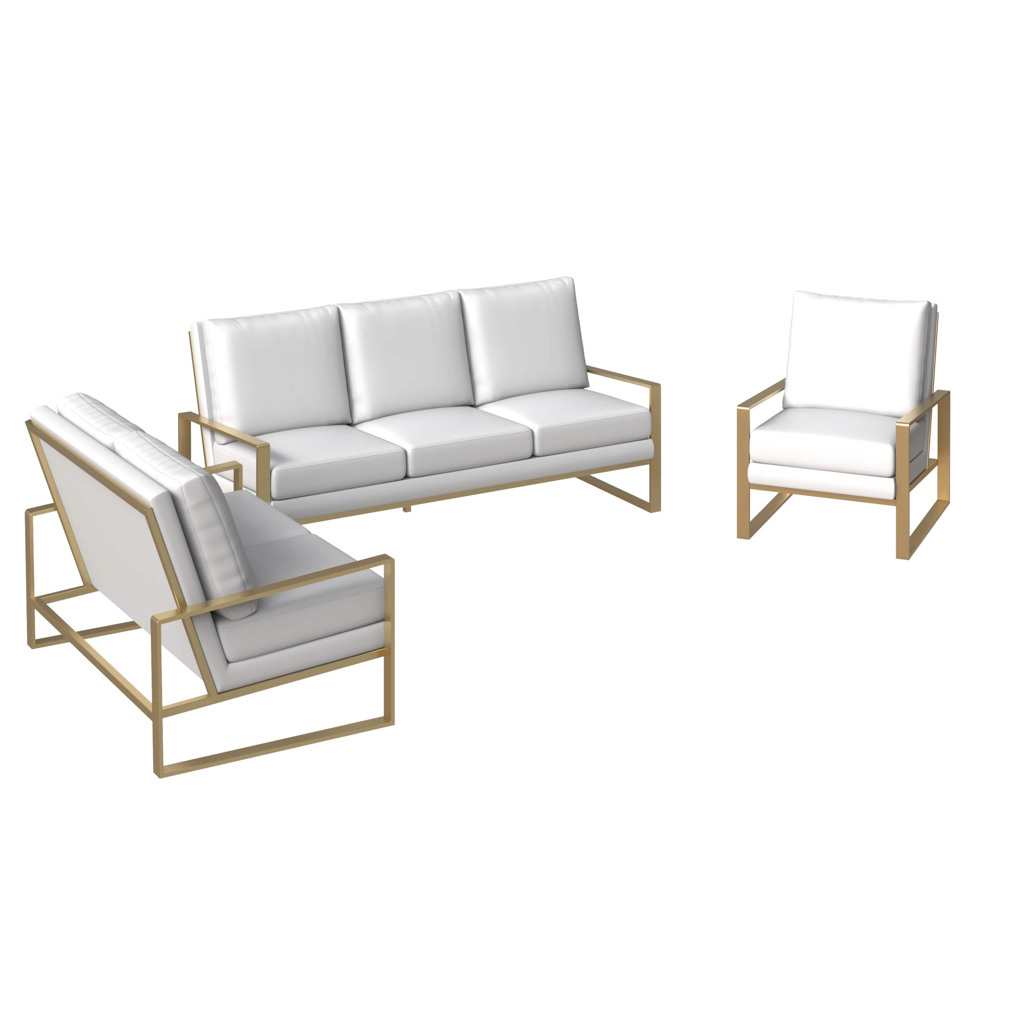 Jefferson 3 - Piece Leather Sofa Set with Silver/Gold Stainless Steel Base Accent Chair and Loveseat