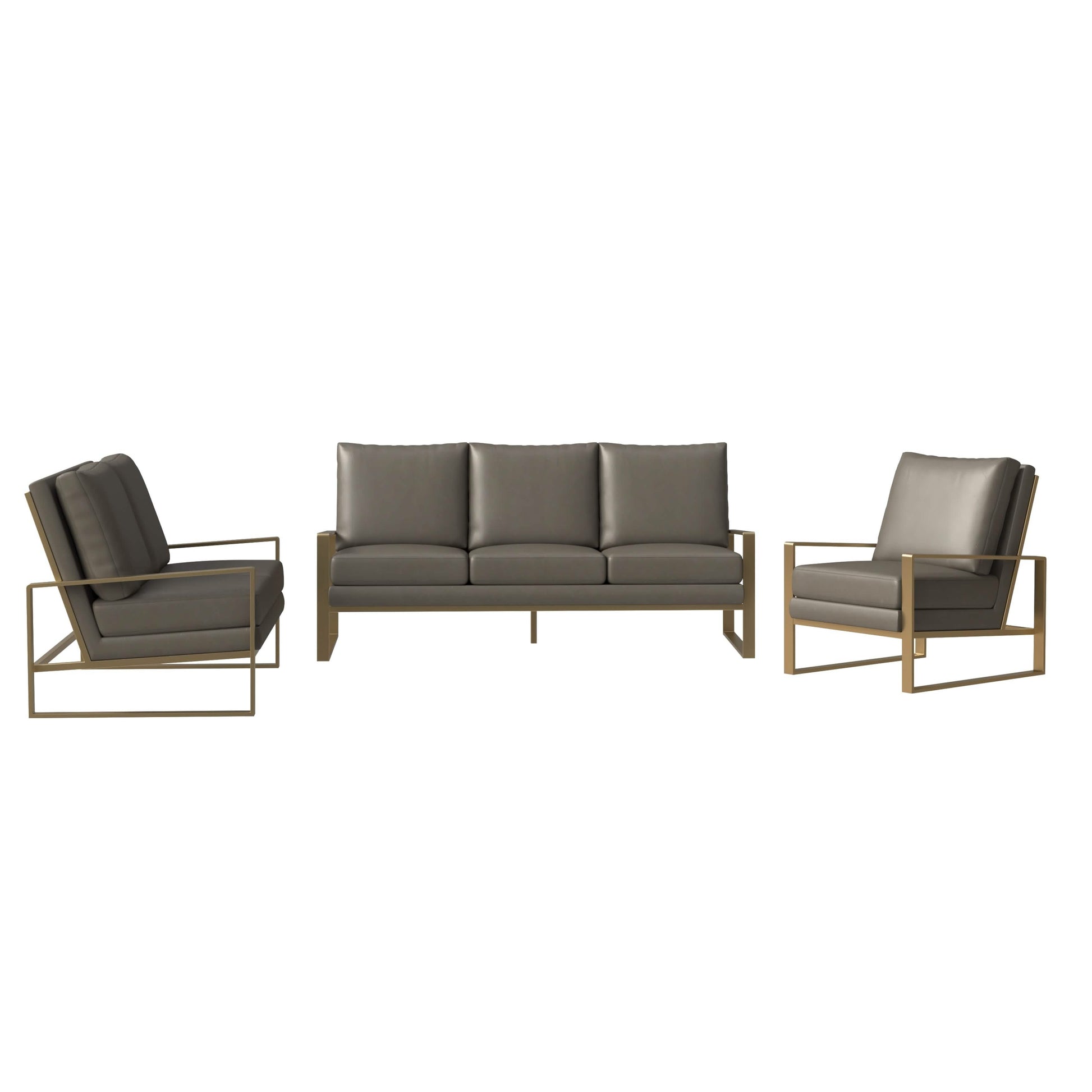 Jefferson 3 - Piece Leather Sofa Set with Silver/Gold Stainless Steel Base Accent Chair and Loveseat
