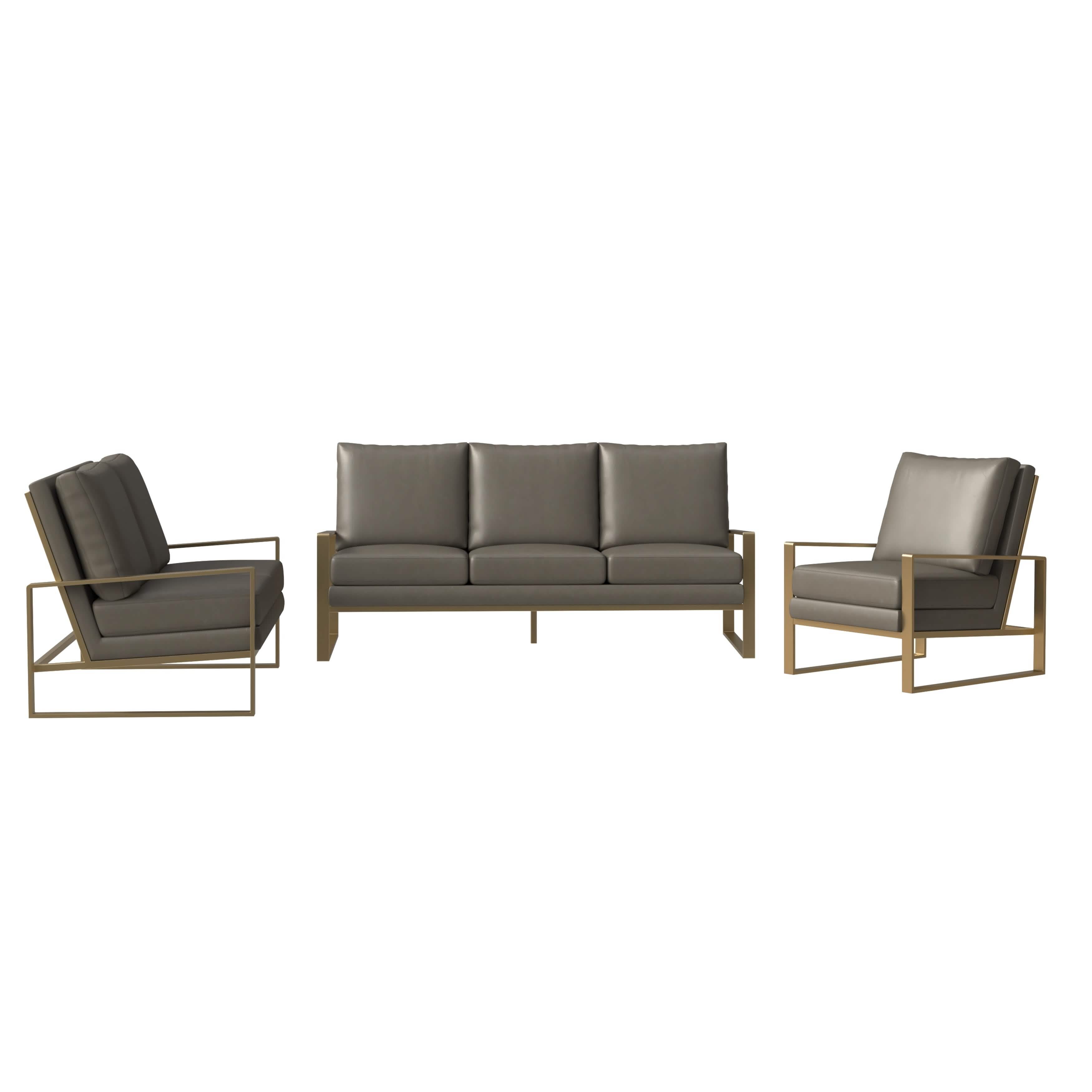 Jefferson 3 - Piece Leather Sofa Set with Silver/Gold Stainless Steel Base Accent Chair and Loveseat