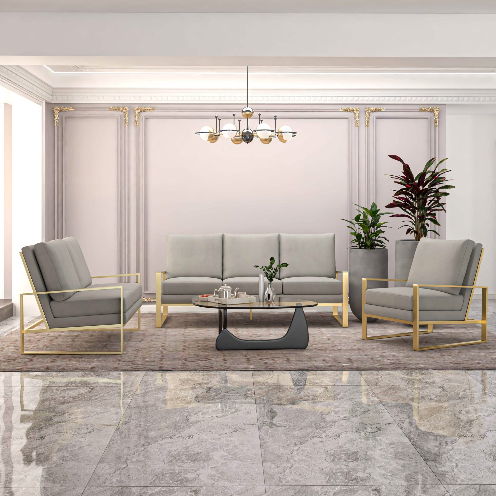 Jefferson 3 - Piece Leather Sofa Set with Silver/Gold Stainless Steel Base Accent Chair and Loveseat