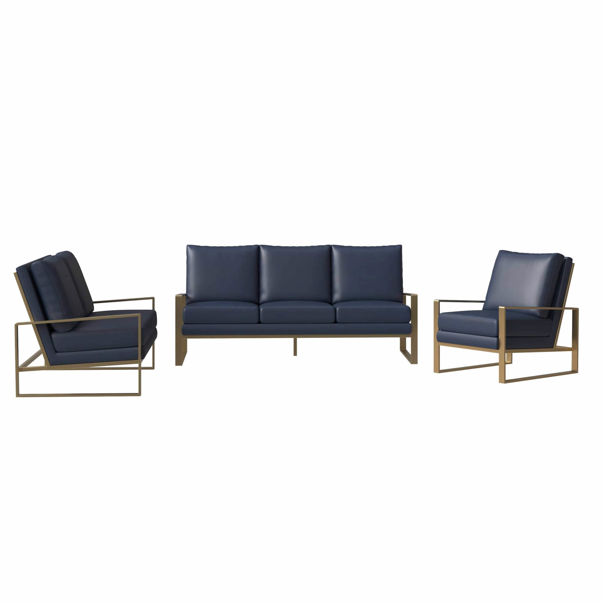 Jefferson 3 - Piece Leather Sofa Set with Silver/Gold Stainless Steel Base Accent Chair and Loveseat