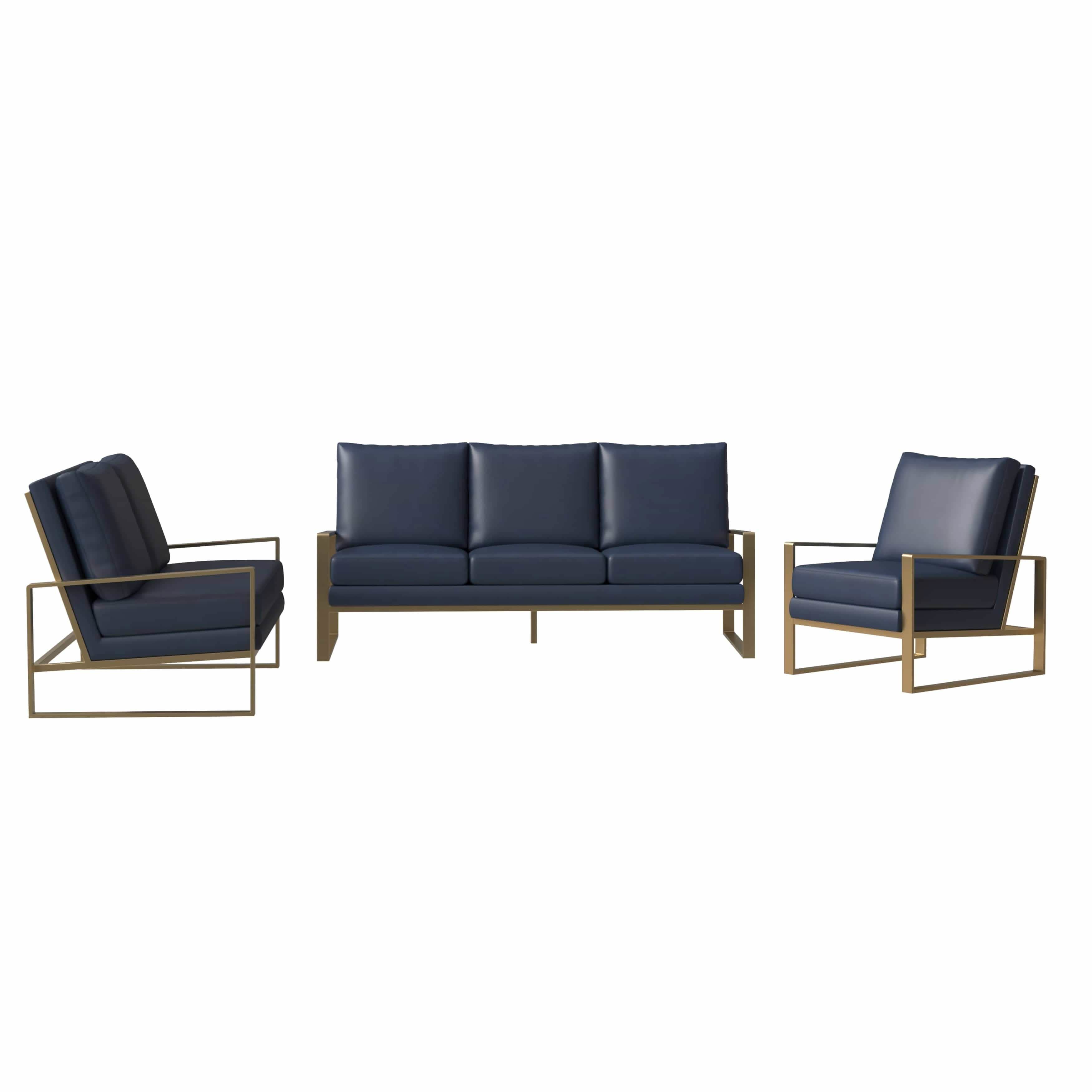 Jefferson 3 - Piece Leather Sofa Set with Silver/Gold Stainless Steel Base Accent Chair and Loveseat