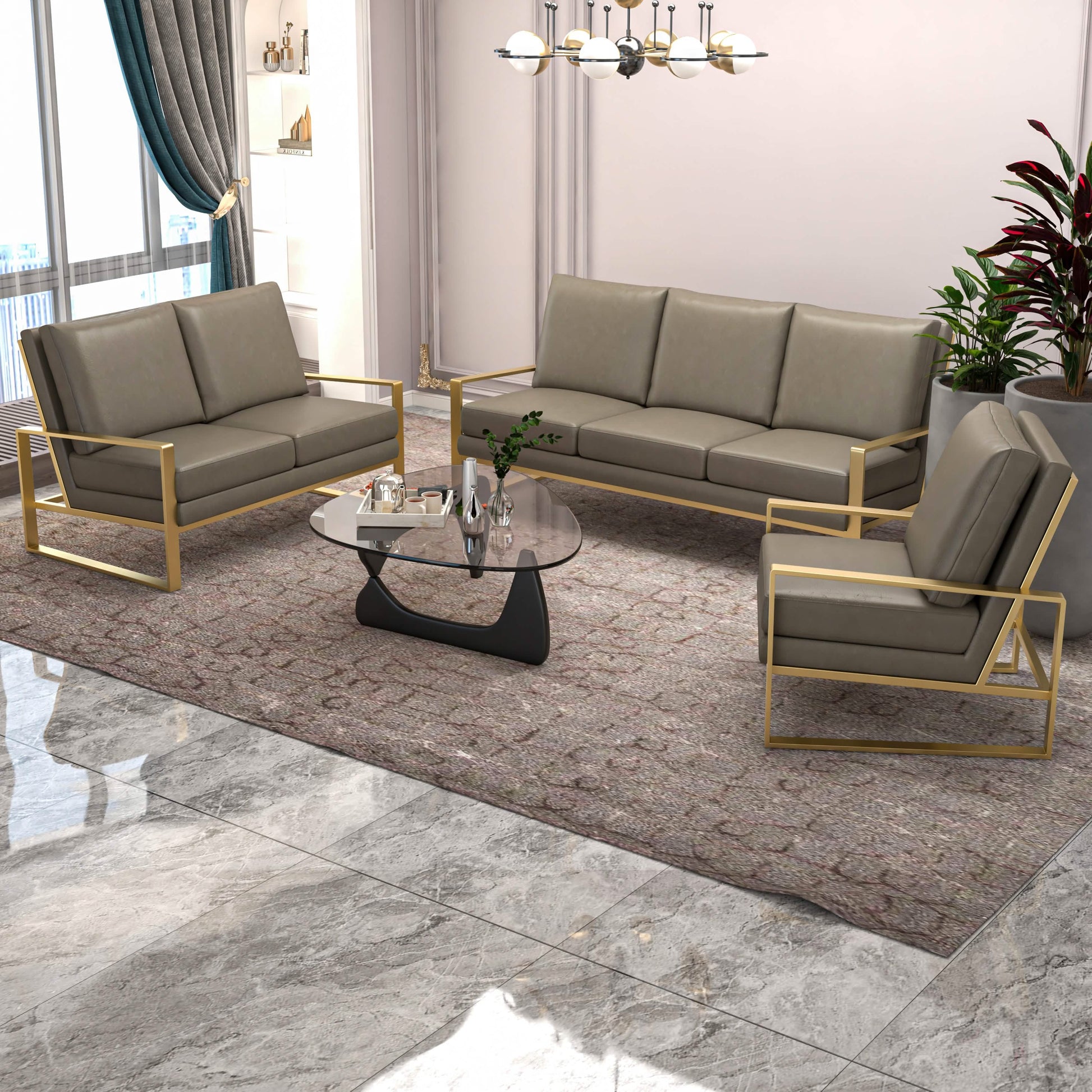 Jefferson 3 - Piece Leather Sofa Set with Silver/Gold Stainless Steel Base Accent Chair and Loveseat
