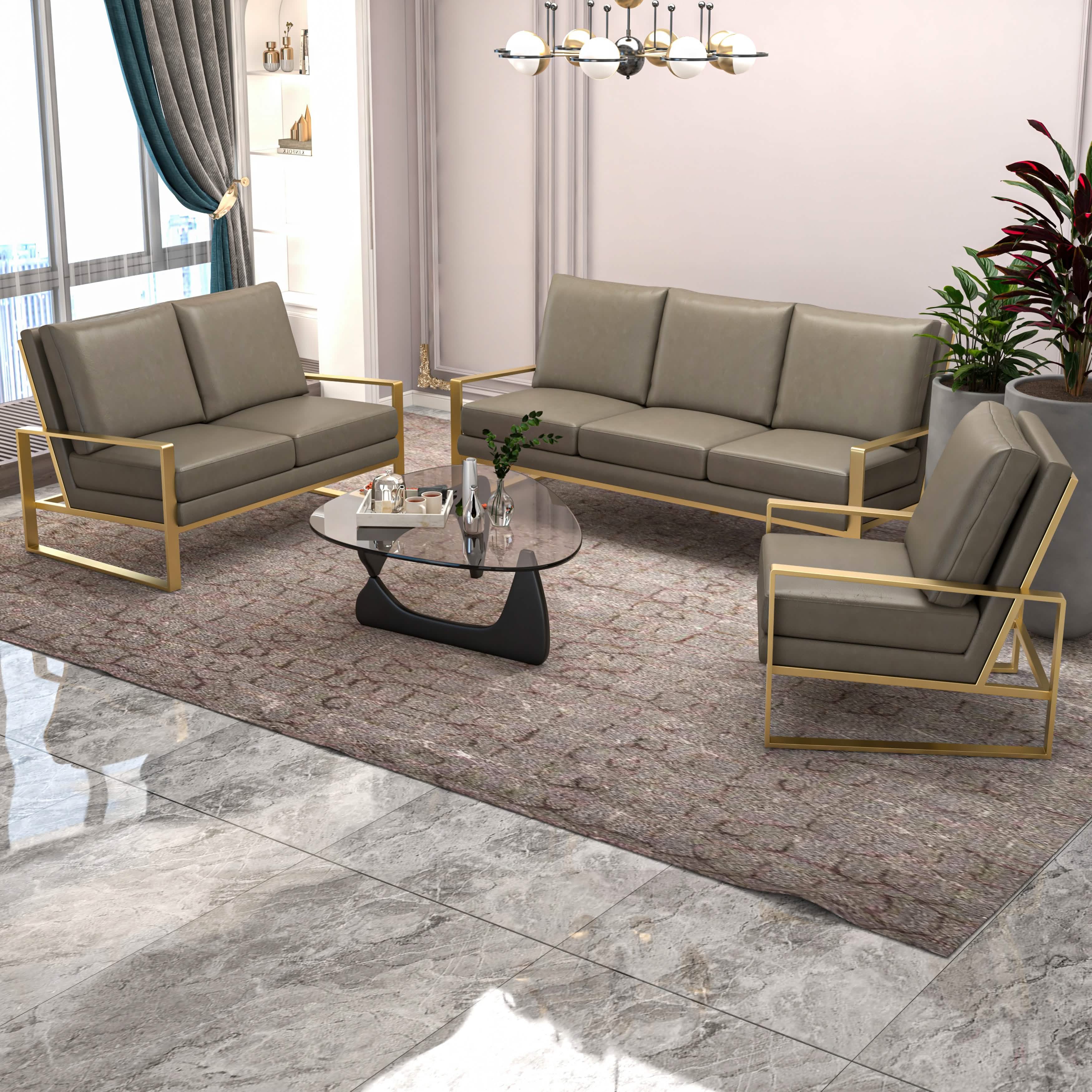 Jefferson 3 - Piece Leather Sofa Set with Silver/Gold Stainless Steel Base Accent Chair and Loveseat
