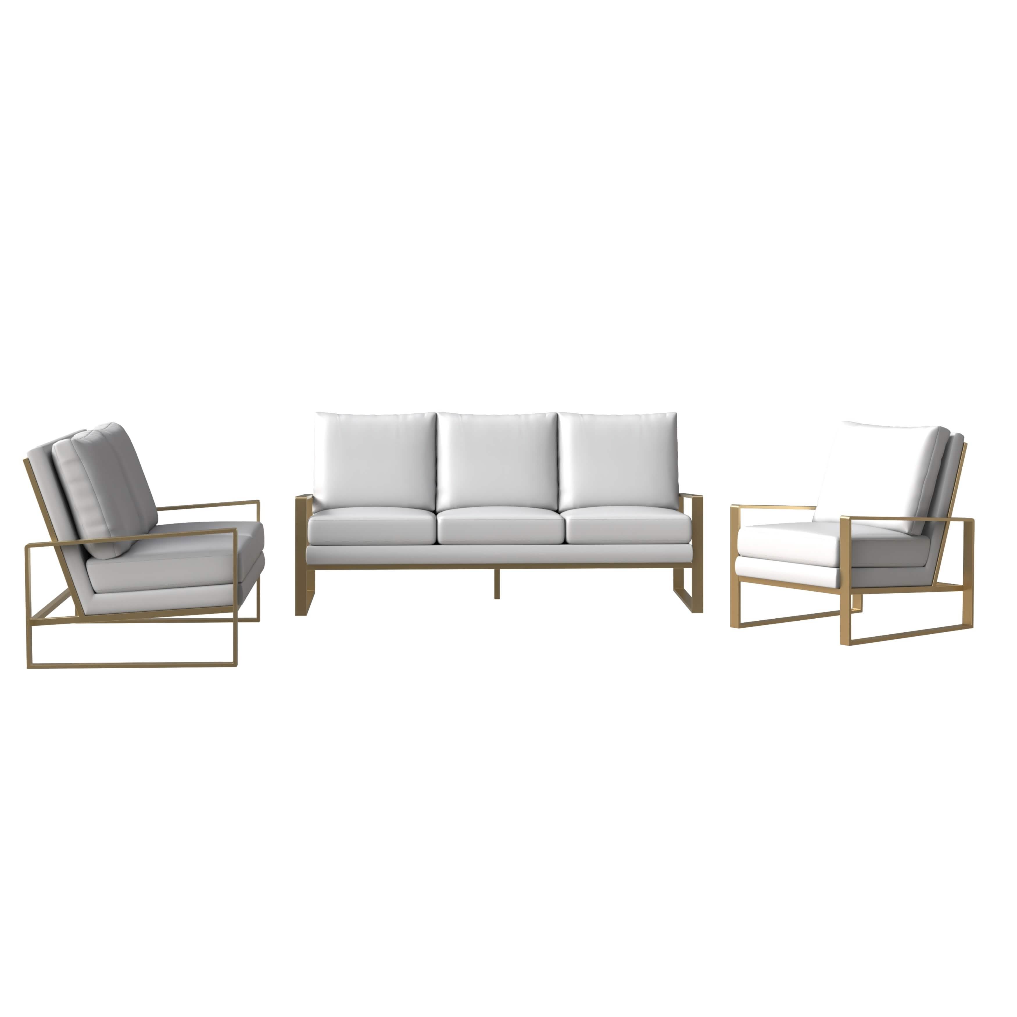 Jefferson 3 - Piece Leather Sofa Set with Silver/Gold Stainless Steel Base Accent Chair and Loveseat