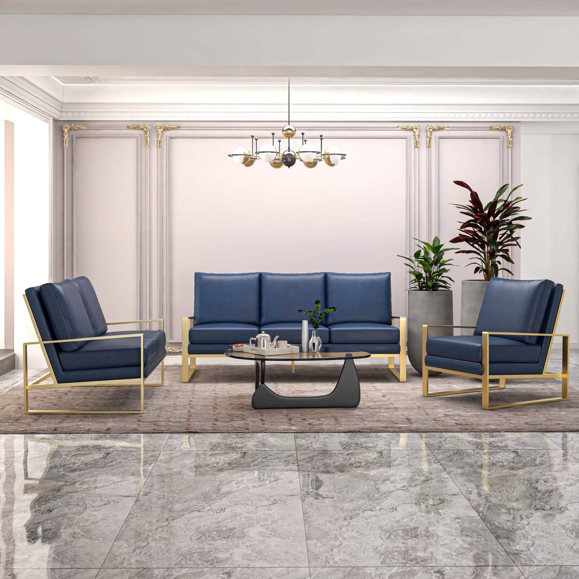 Jefferson 3 - Piece Leather Sofa Set with Silver/Gold Stainless Steel Base Accent Chair and Loveseat