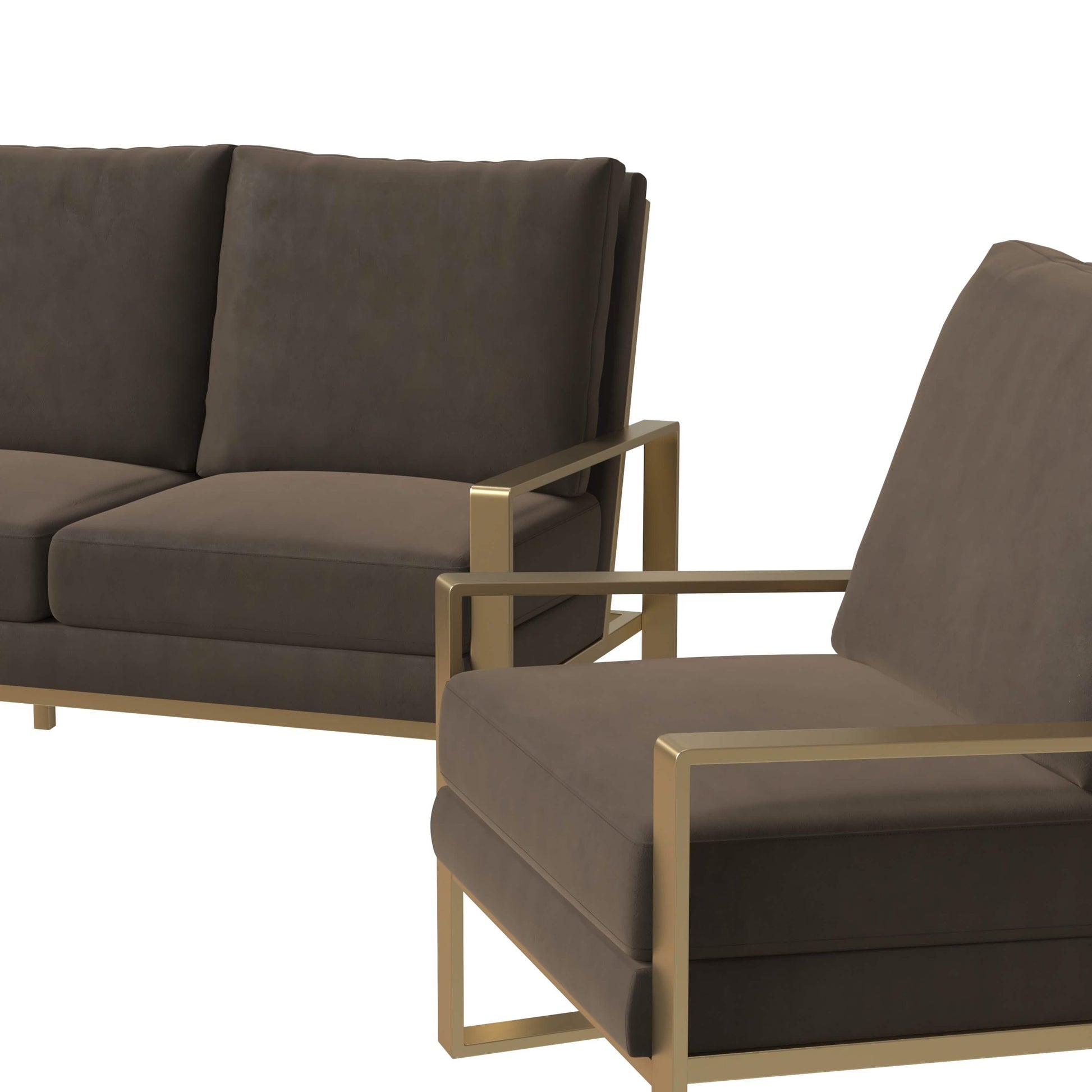 Jefferson 3 - Piece Leather Sofa Set with Silver/Gold Stainless Steel Base Accent Chair and Loveseat