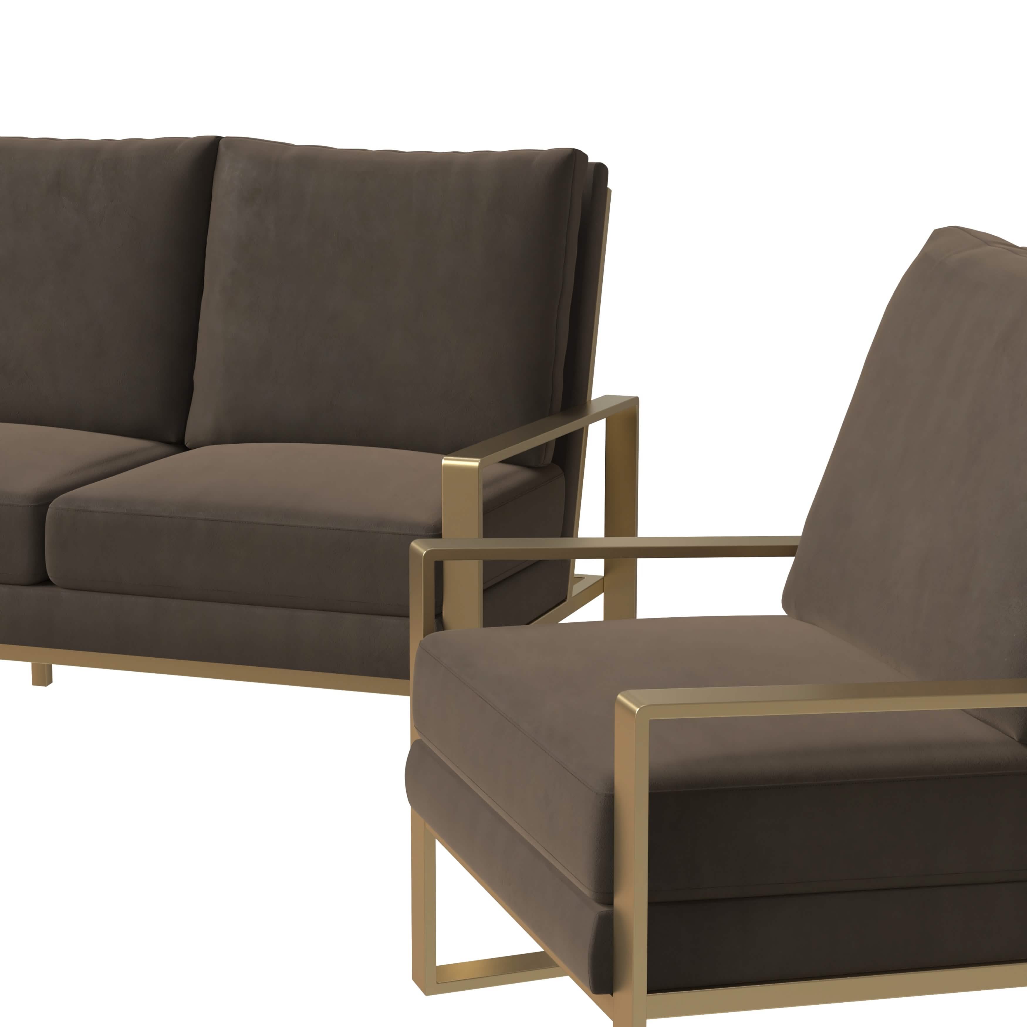 Jefferson 3 - Piece Leather Sofa Set with Silver/Gold Stainless Steel Base Accent Chair and Loveseat