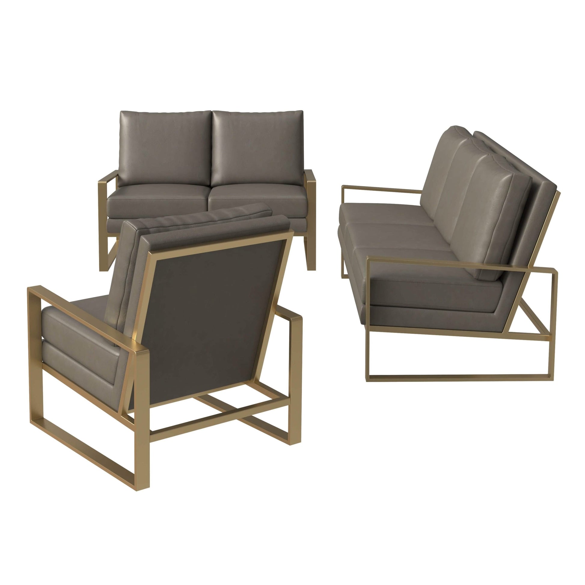 Jefferson 3 - Piece Leather Sofa Set with Silver/Gold Stainless Steel Base Accent Chair and Loveseat