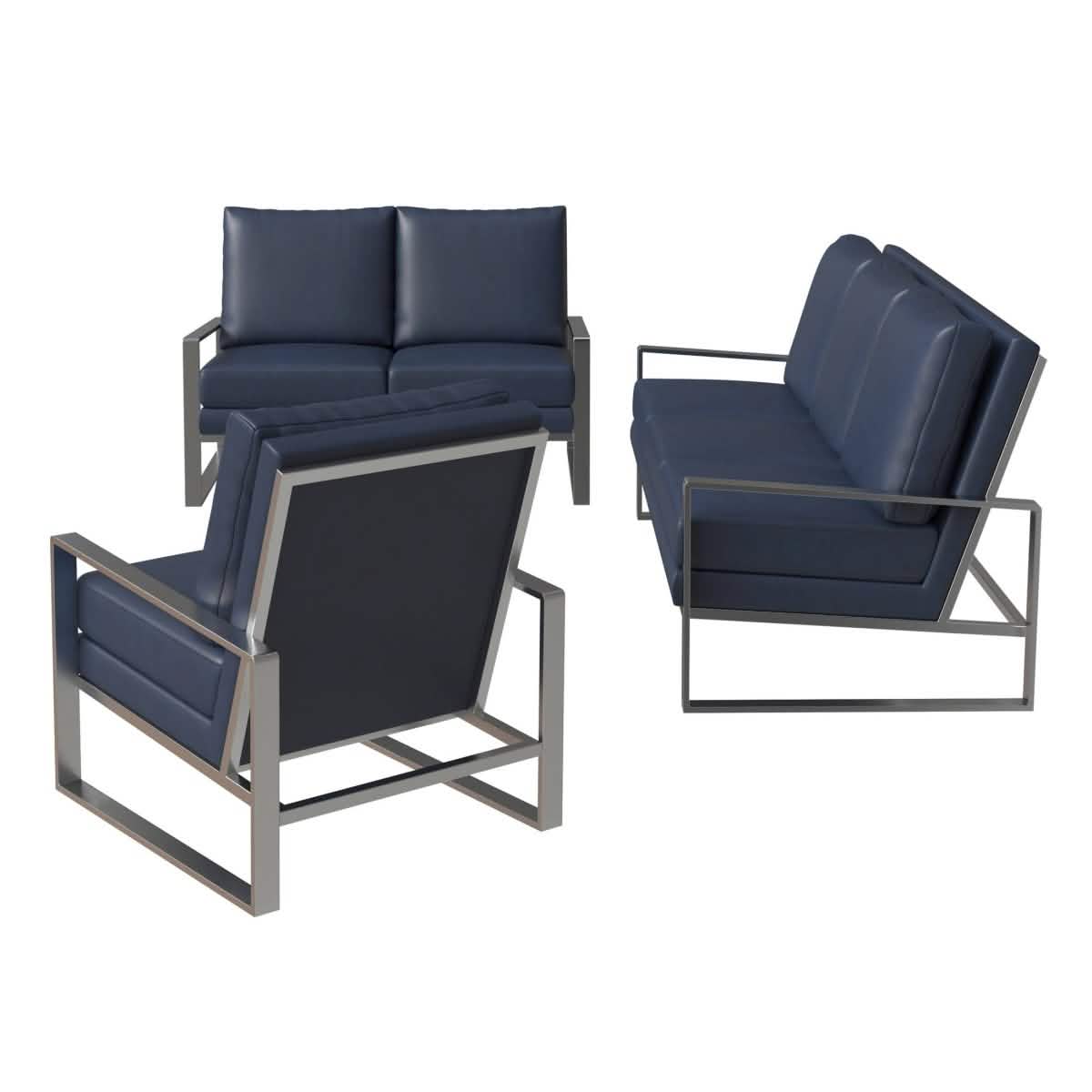 Jefferson 3 - Piece Leather Sofa Set with Silver/Gold Stainless Steel Base Accent Chair and Loveseat