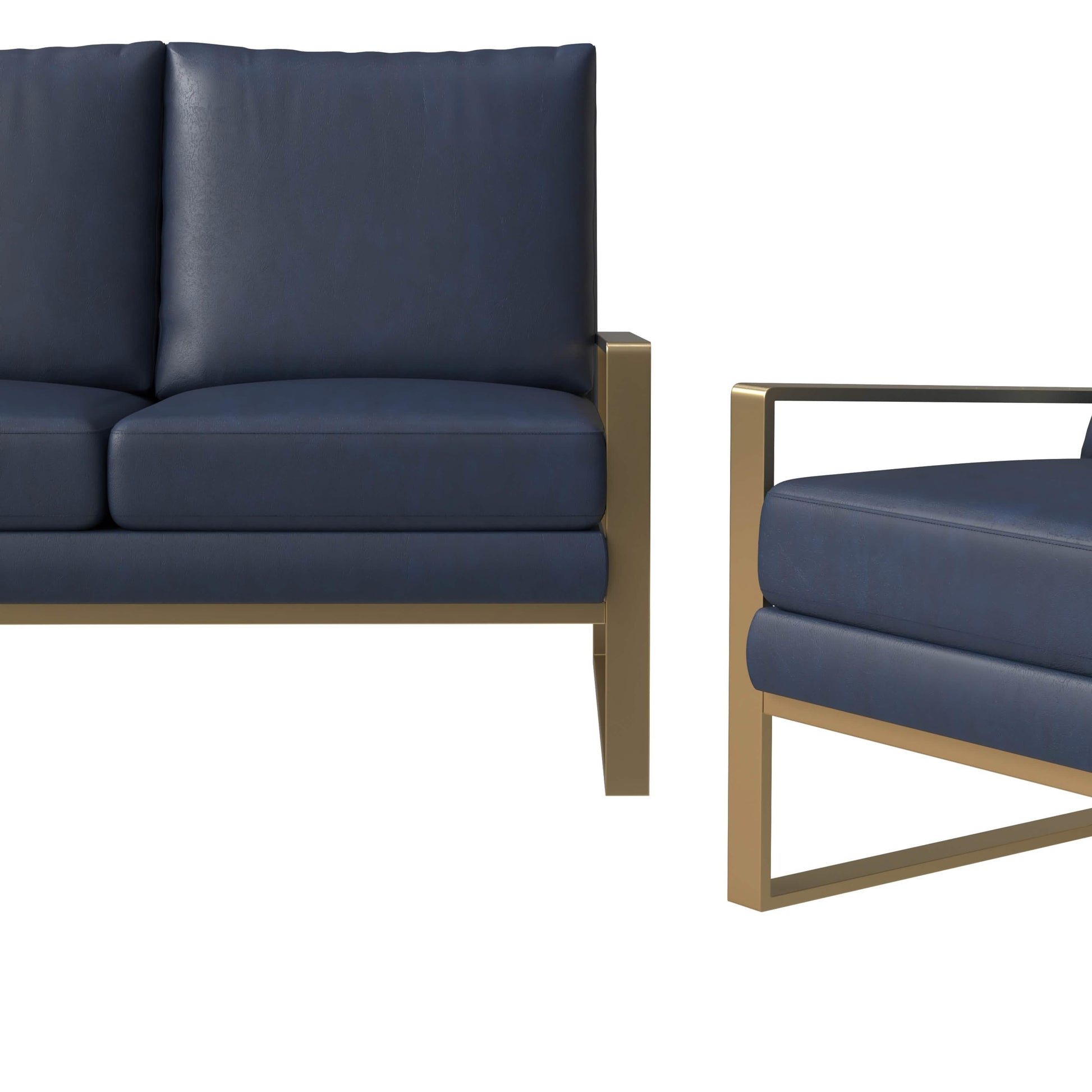 Jefferson 3 - Piece Leather Sofa Set with Silver/Gold Stainless Steel Base Accent Chair and Loveseat