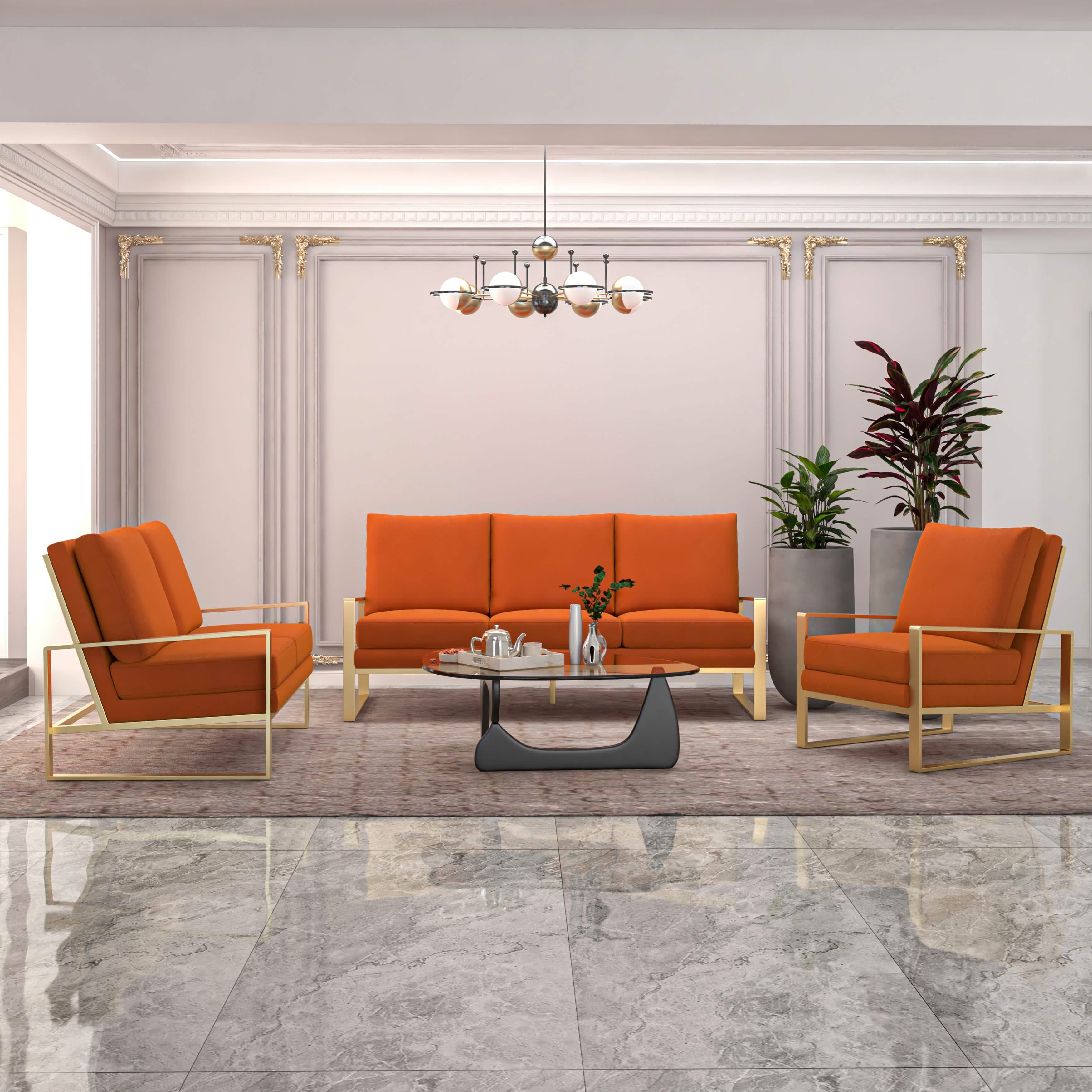 Jefferson 3 - Piece Leather Sofa Set with Silver/Gold Stainless Steel Base Accent Chair and Loveseat