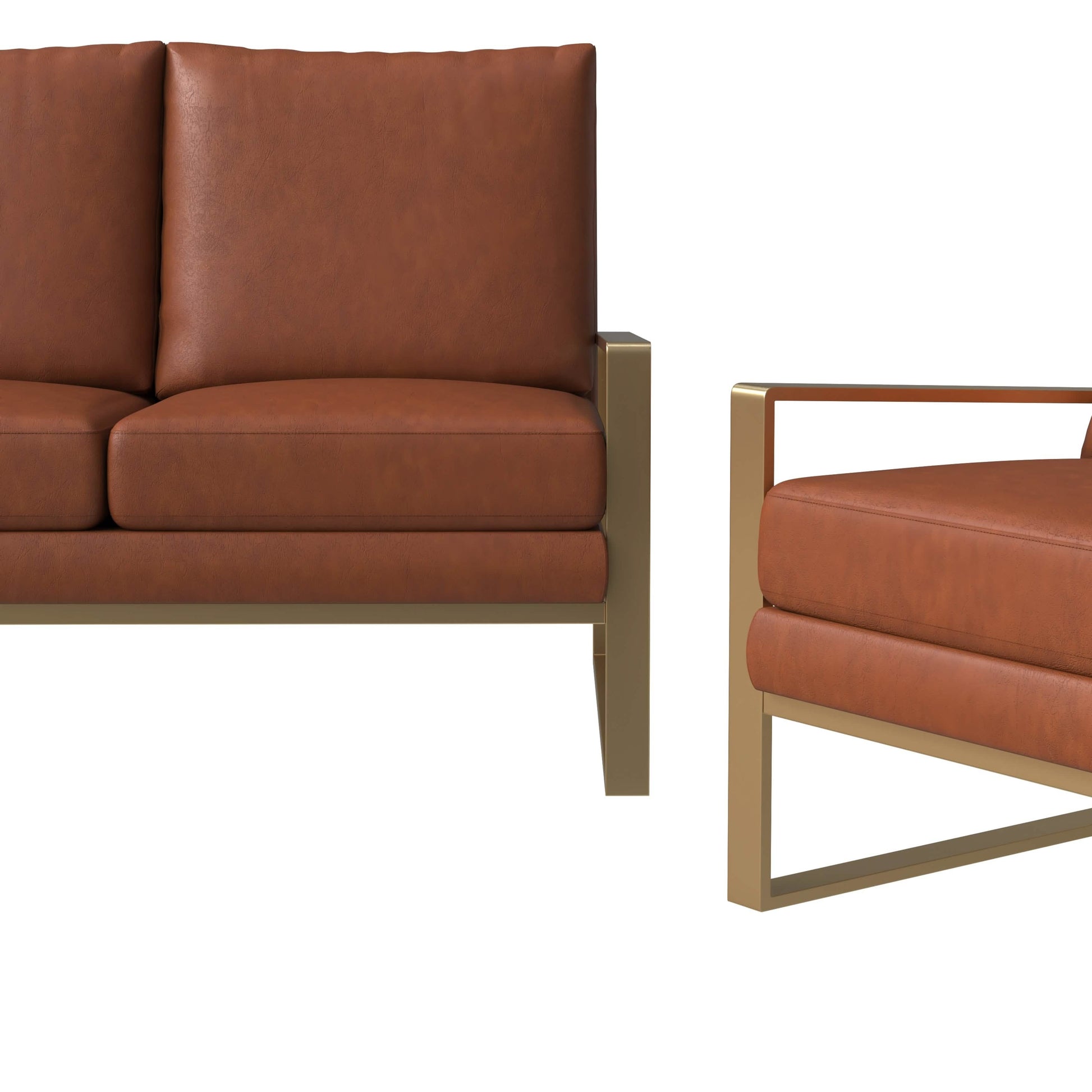 Jefferson 3 - Piece Leather Sofa Set with Silver/Gold Stainless Steel Base Accent Chair and Loveseat