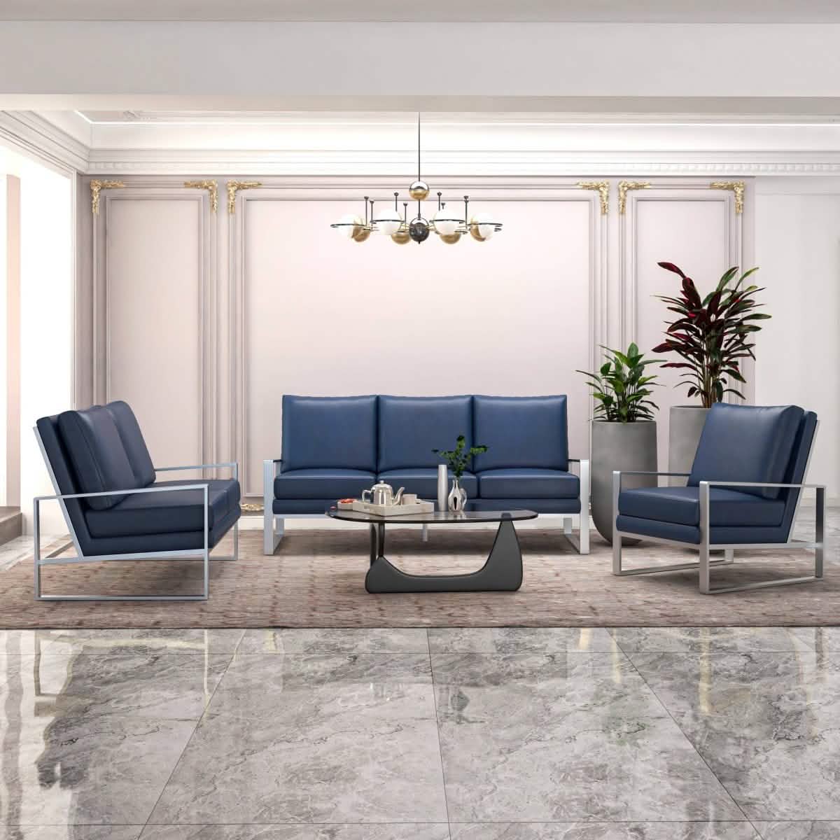 Jefferson 3 - Piece Leather Sofa Set with Silver/Gold Stainless Steel Base Accent Chair and Loveseat