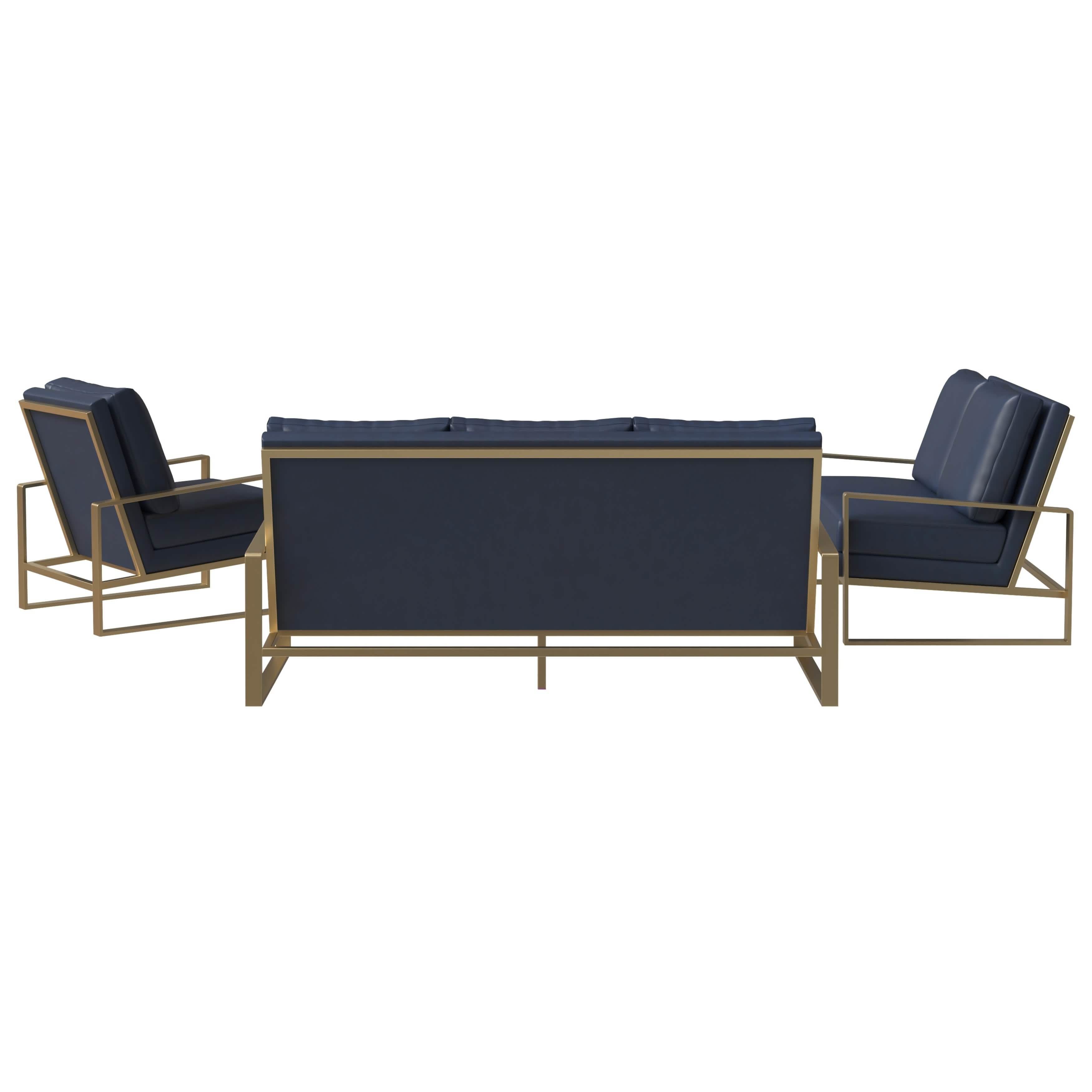 Jefferson 3 - Piece Leather Sofa Set with Silver/Gold Stainless Steel Base Accent Chair and Loveseat
