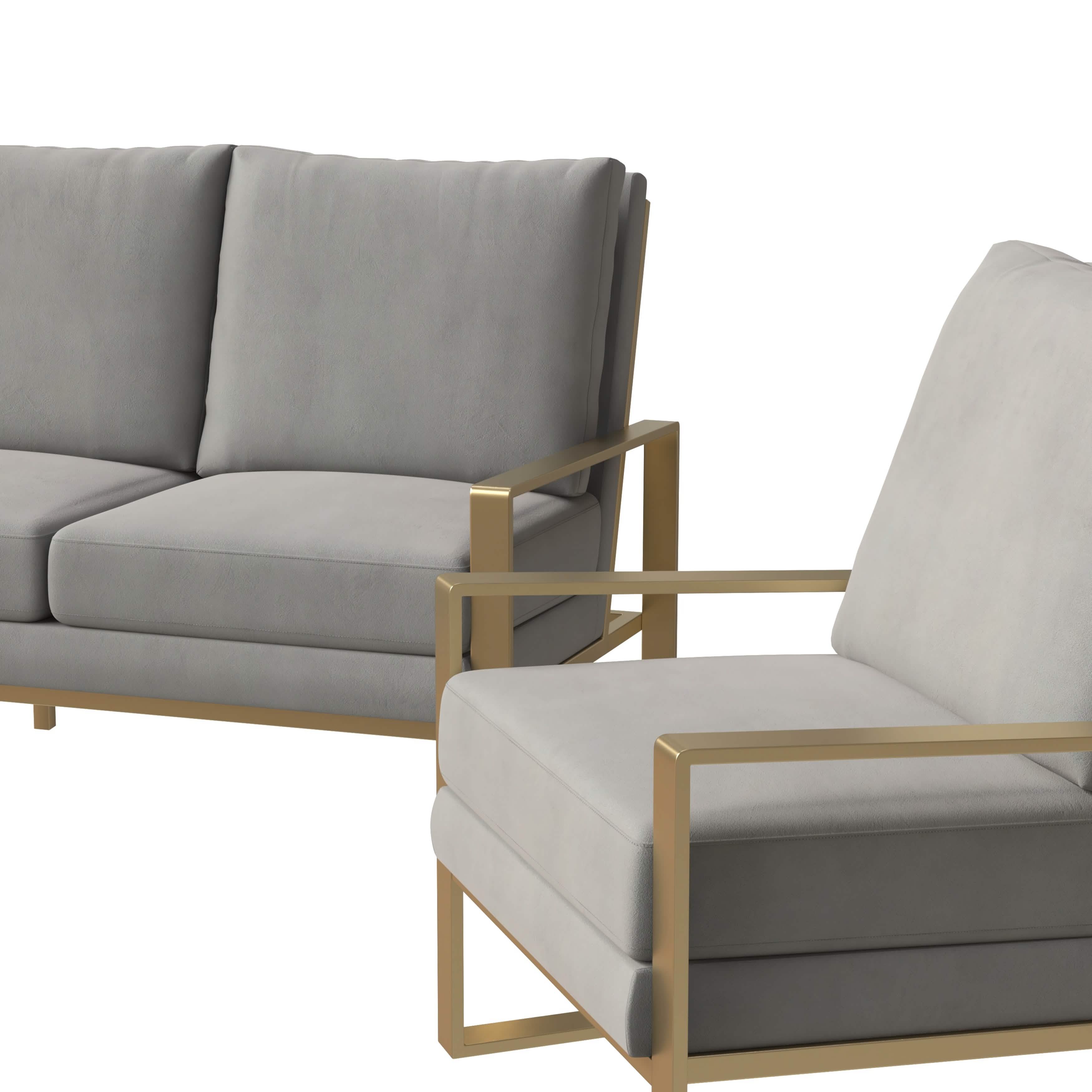 Jefferson 3 - Piece Leather Sofa Set with Silver/Gold Stainless Steel Base Accent Chair and Loveseat