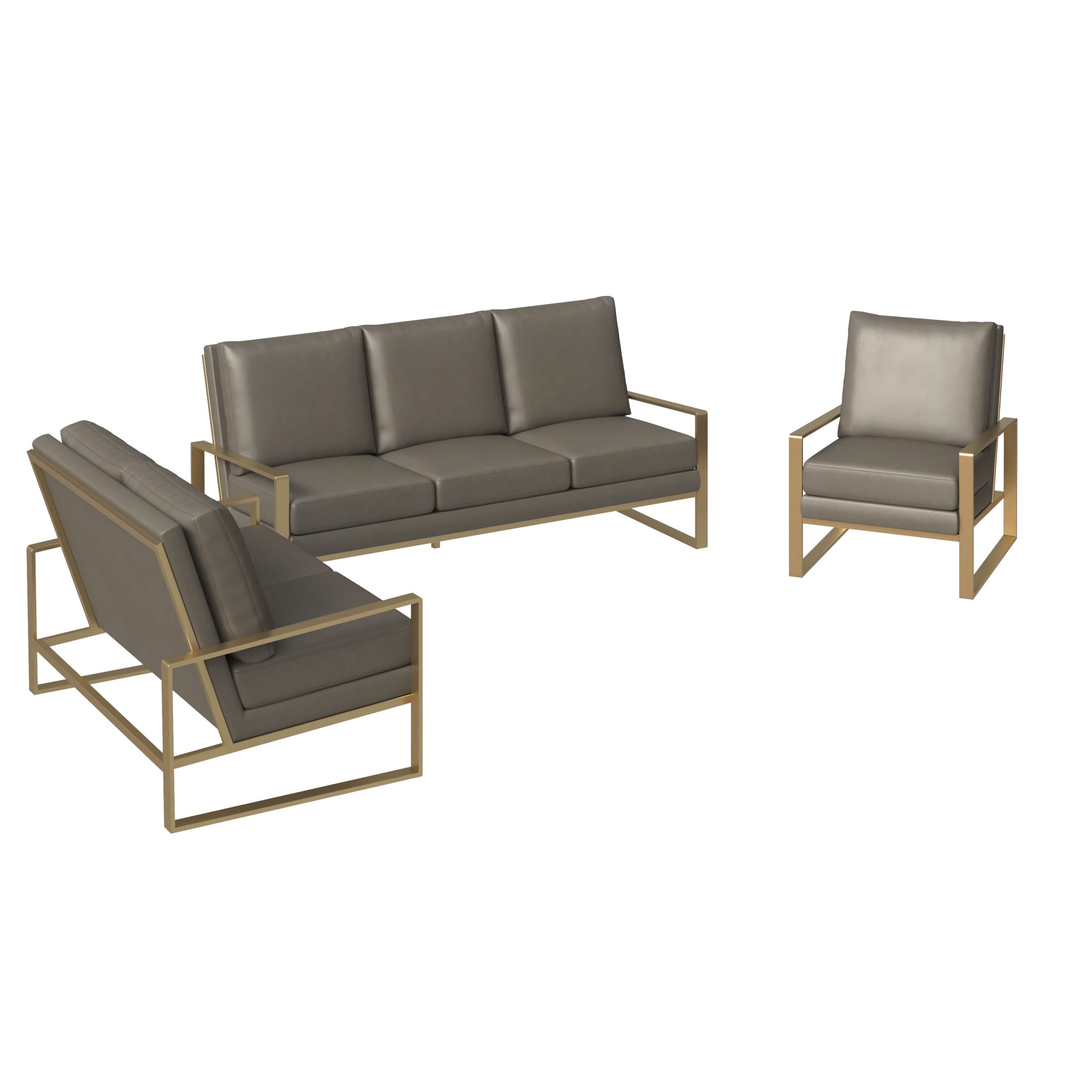 Jefferson 3 - Piece Leather Sofa Set with Silver/Gold Stainless Steel Base Accent Chair and Loveseat