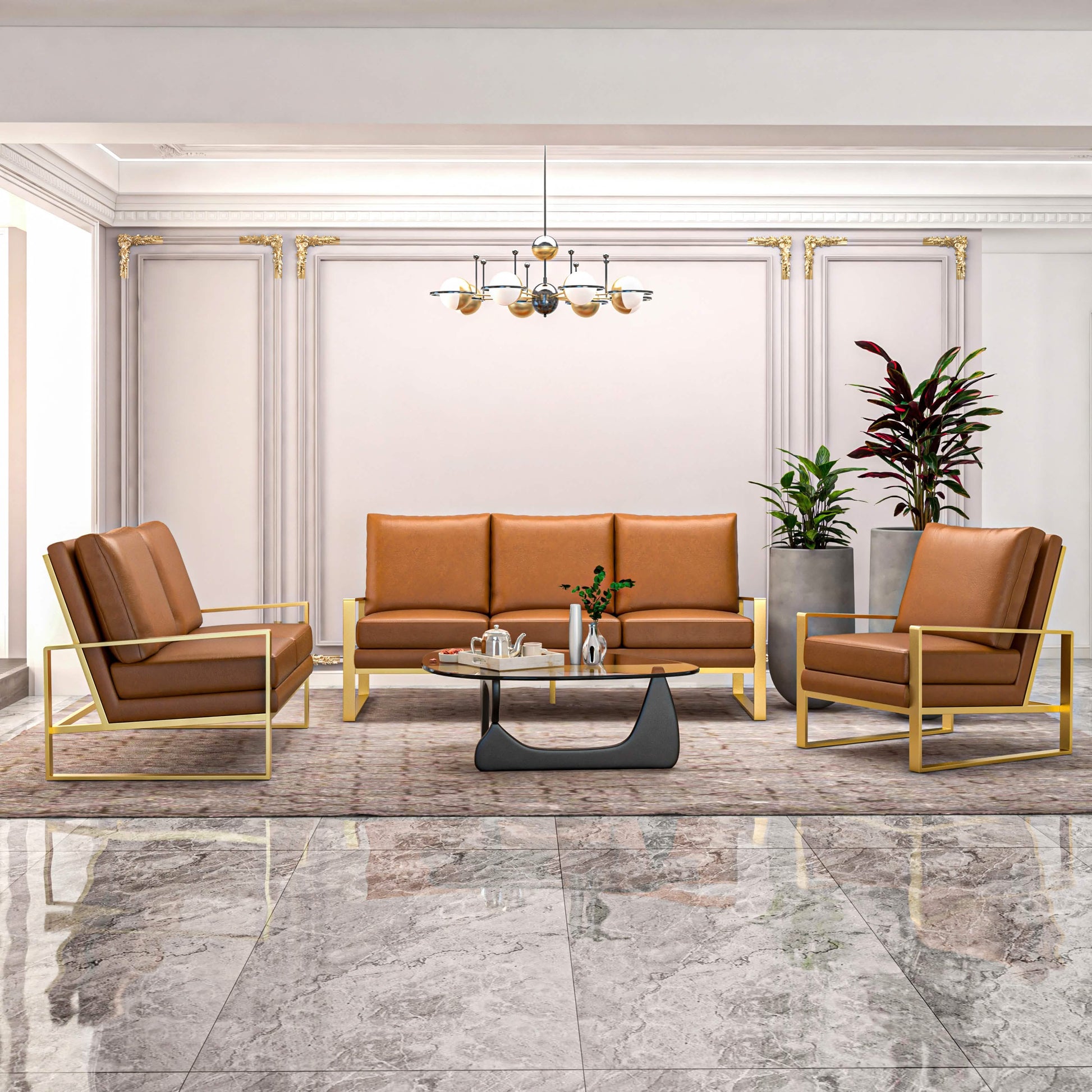 Jefferson 3 - Piece Leather Sofa Set with Silver/Gold Stainless Steel Base Accent Chair and Loveseat