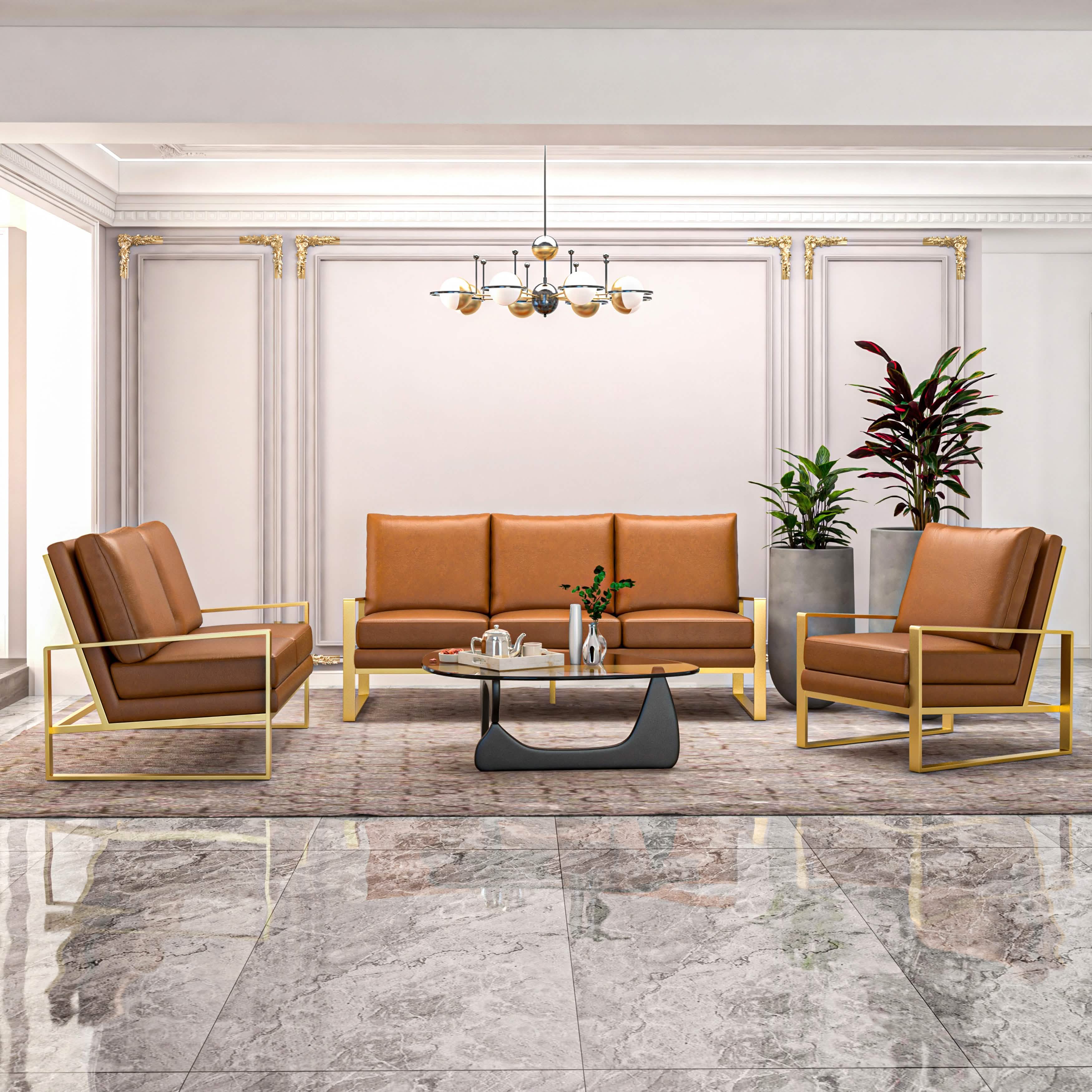 Jefferson 3 - Piece Leather Sofa Set with Silver/Gold Stainless Steel Base Accent Chair and Loveseat