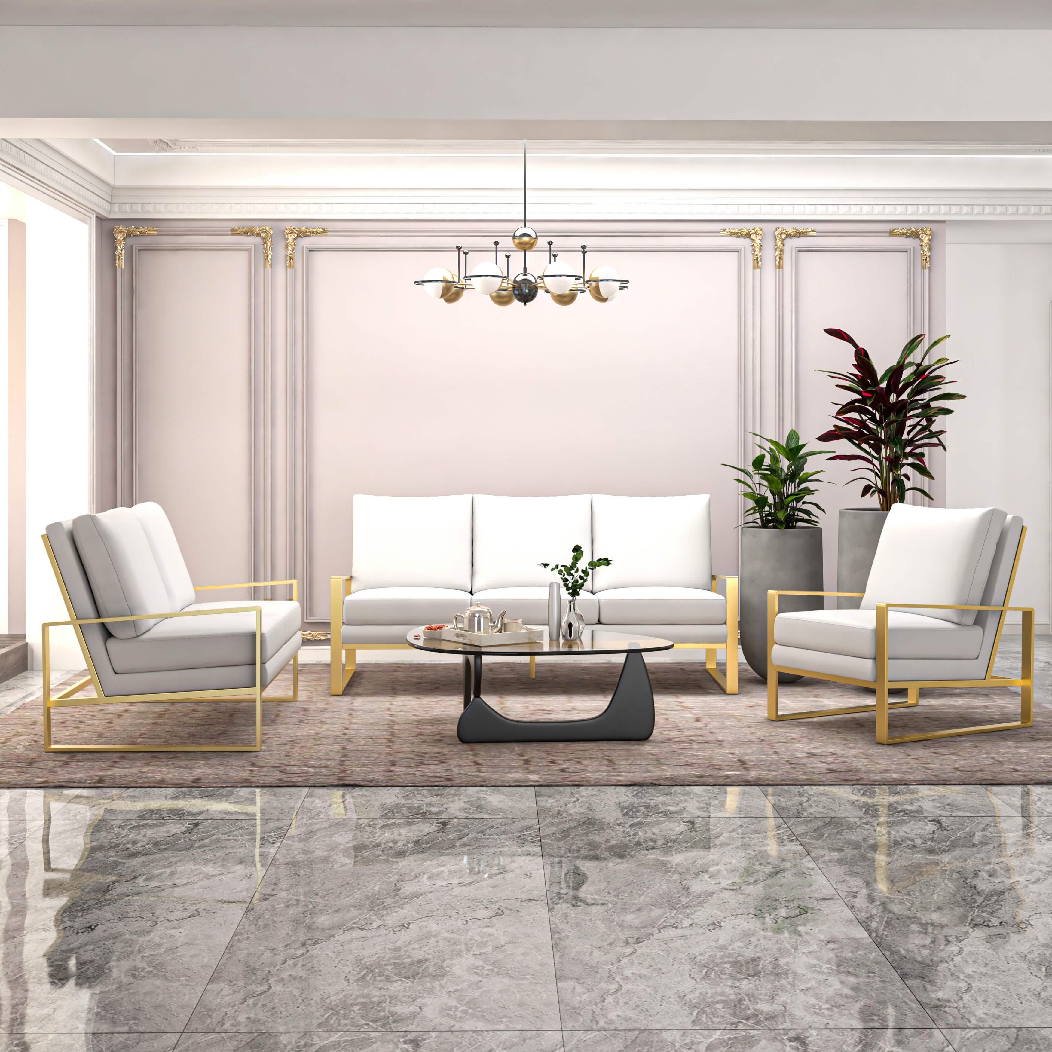 Jefferson 3 - Piece Leather Sofa Set with Silver/Gold Stainless Steel Base Accent Chair and Loveseat