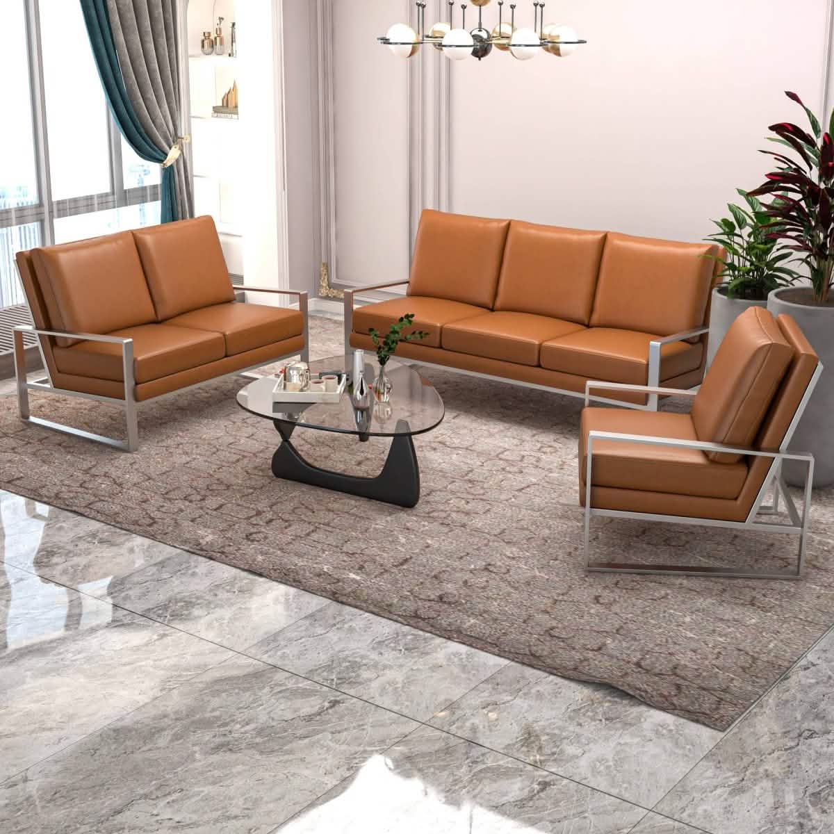 Jefferson 3 - Piece Leather Sofa Set with Silver/Gold Stainless Steel Base Accent Chair and Loveseat