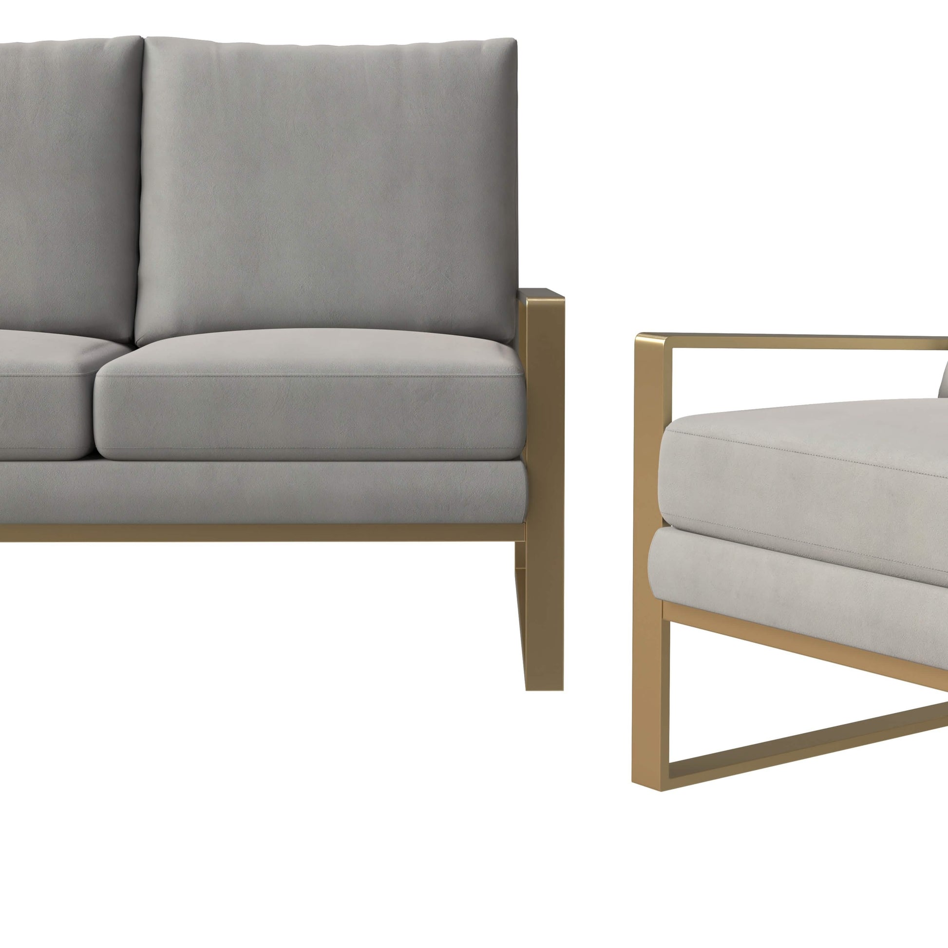 Jefferson 3 - Piece Leather Sofa Set with Silver/Gold Stainless Steel Base Accent Chair and Loveseat