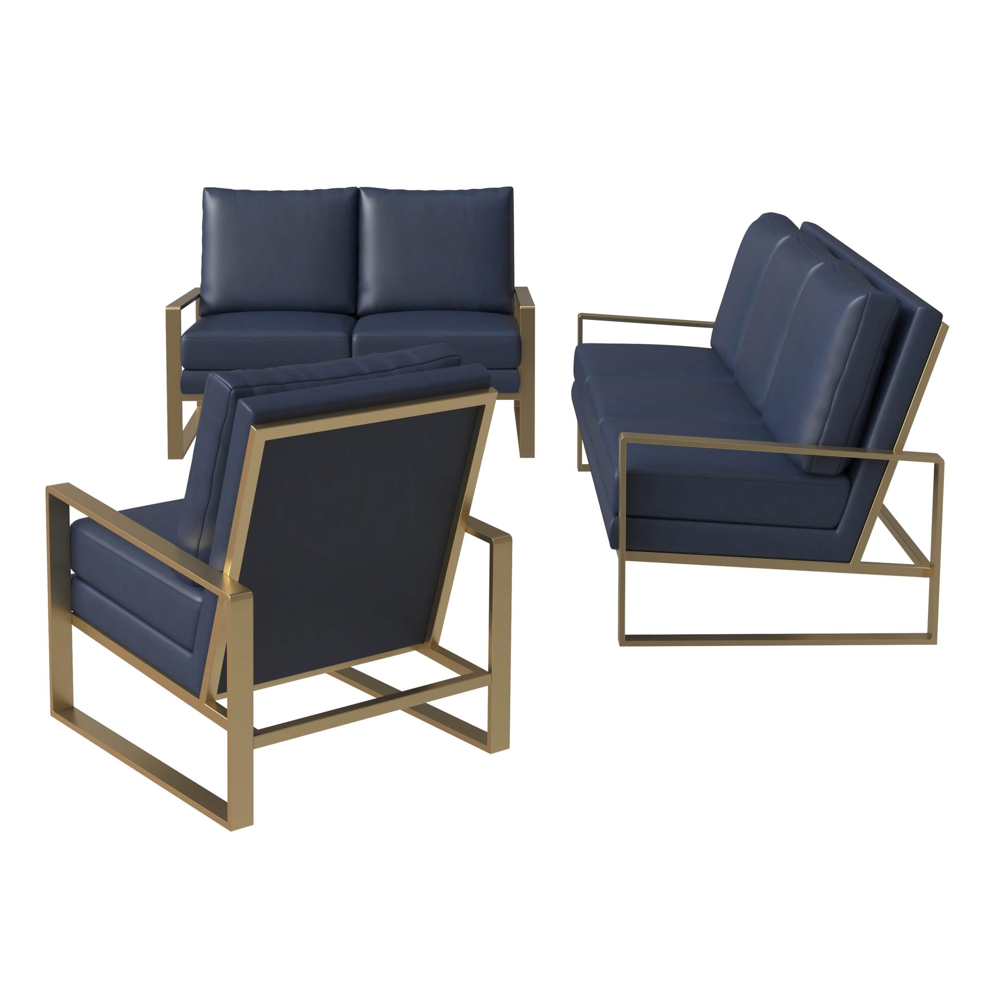 Jefferson 3 - Piece Leather Sofa Set with Silver/Gold Stainless Steel Base Accent Chair and Loveseat