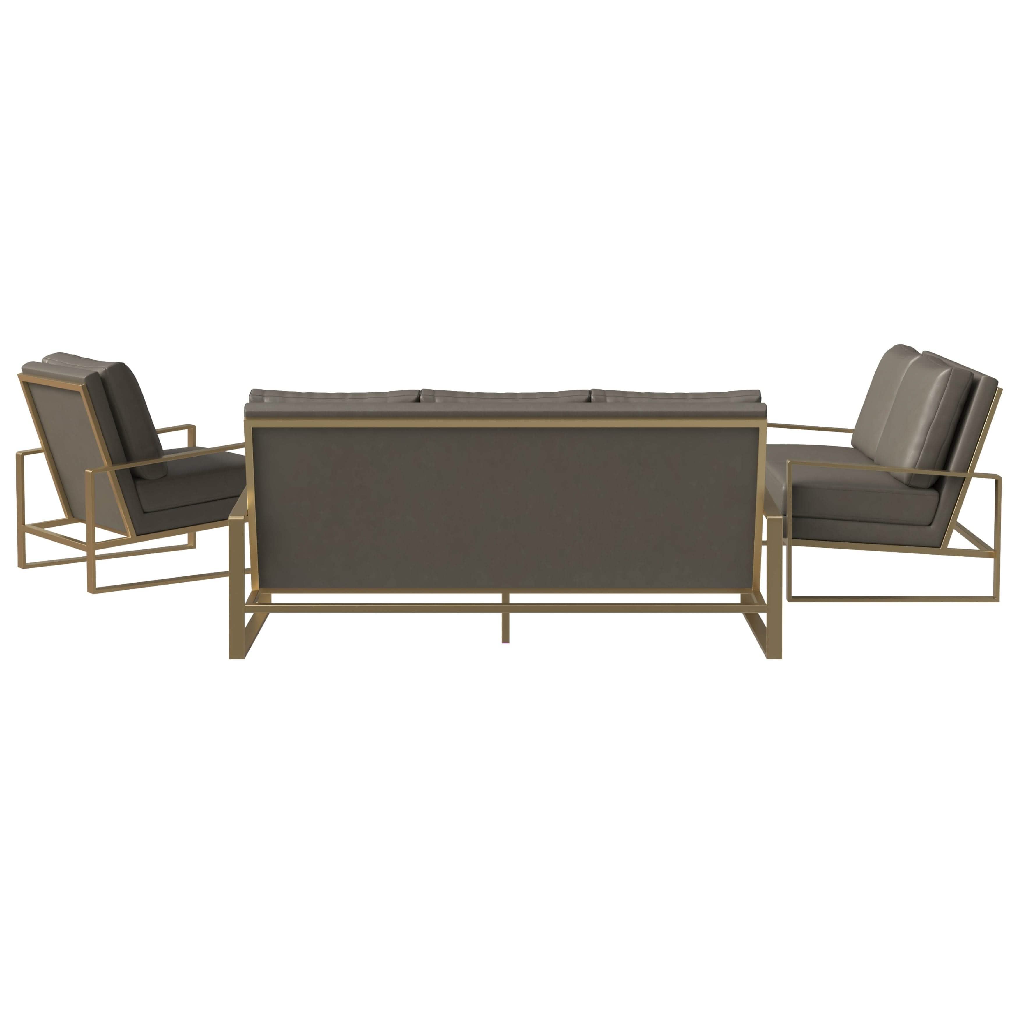 Jefferson 3 - Piece Leather Sofa Set with Silver/Gold Stainless Steel Base Accent Chair and Loveseat