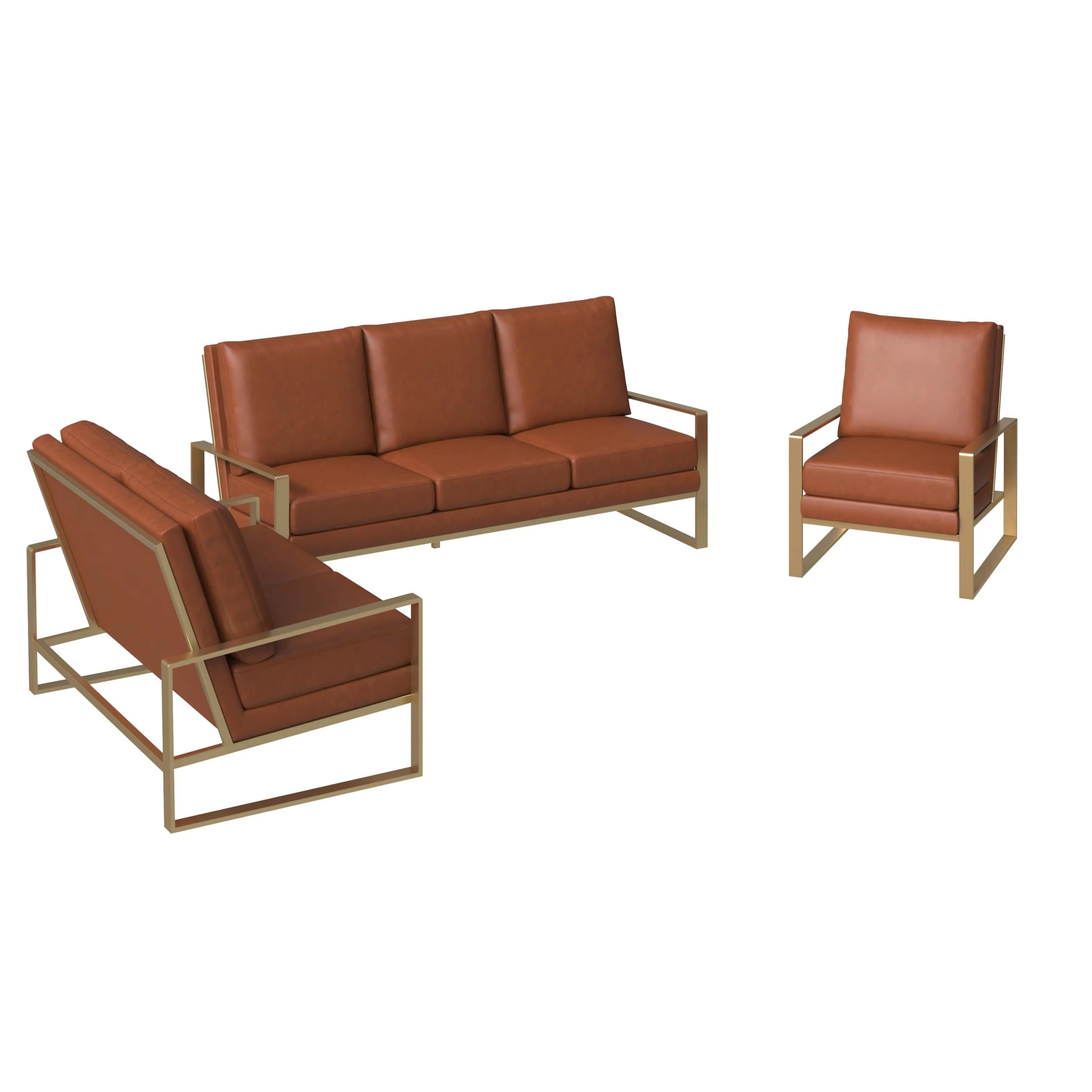 Jefferson 3 - Piece Leather Sofa Set with Silver/Gold Stainless Steel Base Accent Chair and Loveseat