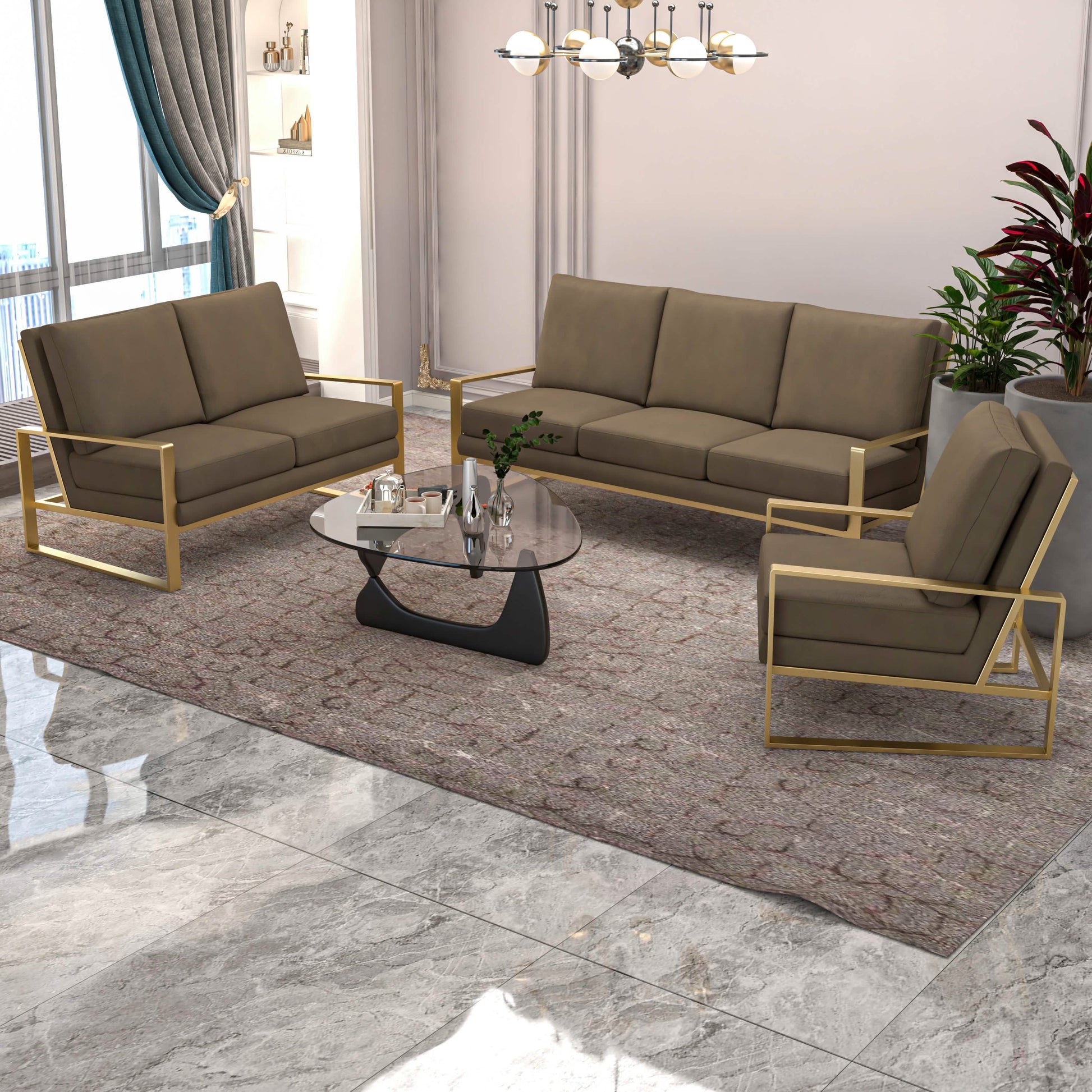Jefferson 3 - Piece Leather Sofa Set with Silver/Gold Stainless Steel Base Accent Chair and Loveseat