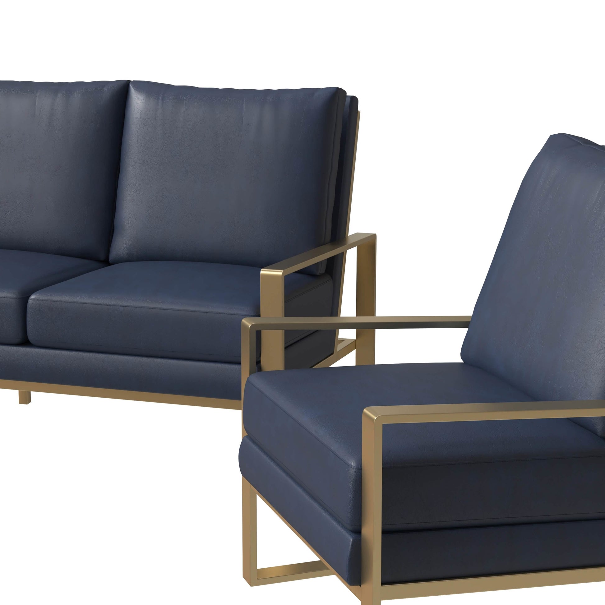 Jefferson 3 - Piece Leather Sofa Set with Silver/Gold Stainless Steel Base Accent Chair and Loveseat