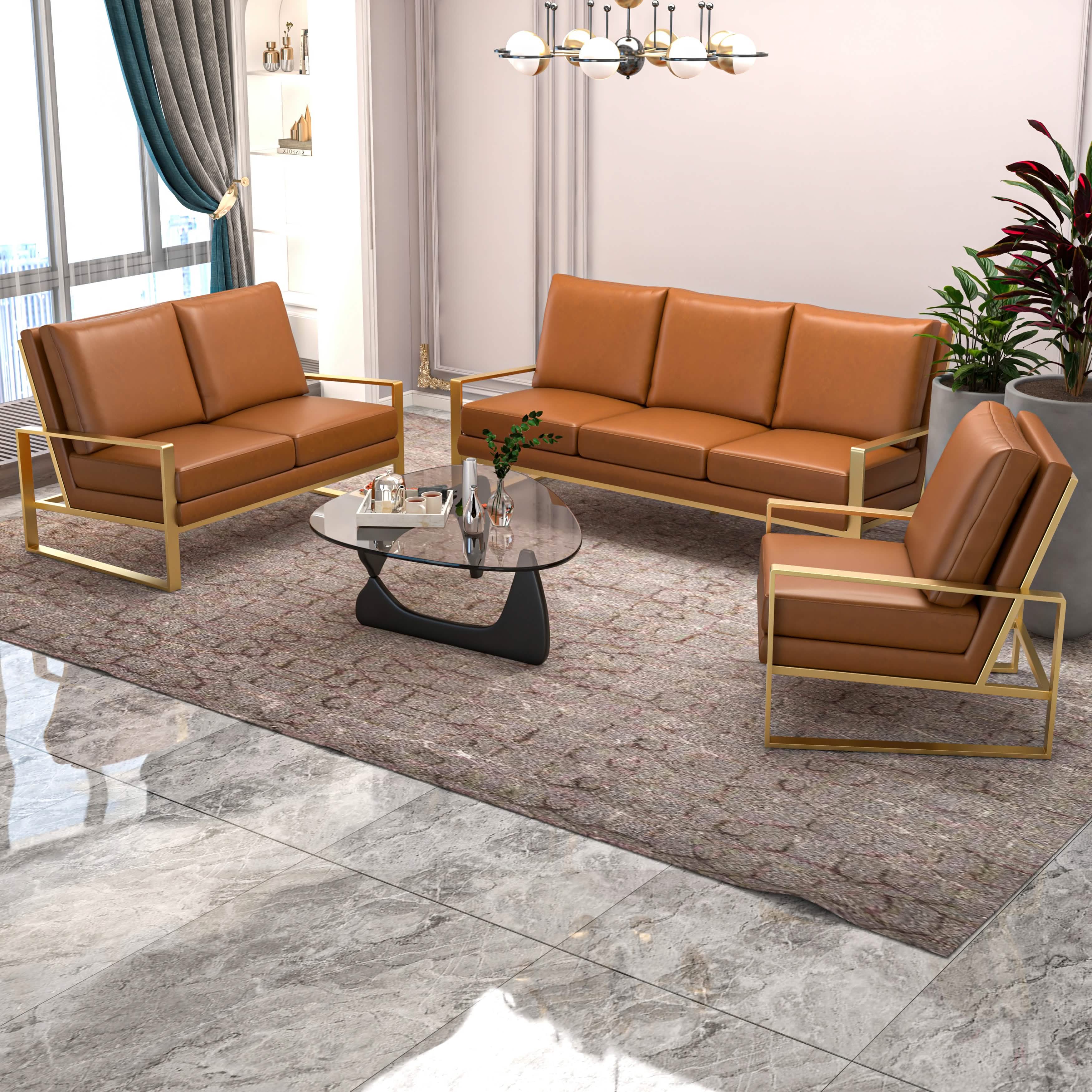 Jefferson 3 - Piece Leather Sofa Set with Silver/Gold Stainless Steel Base Accent Chair and Loveseat
