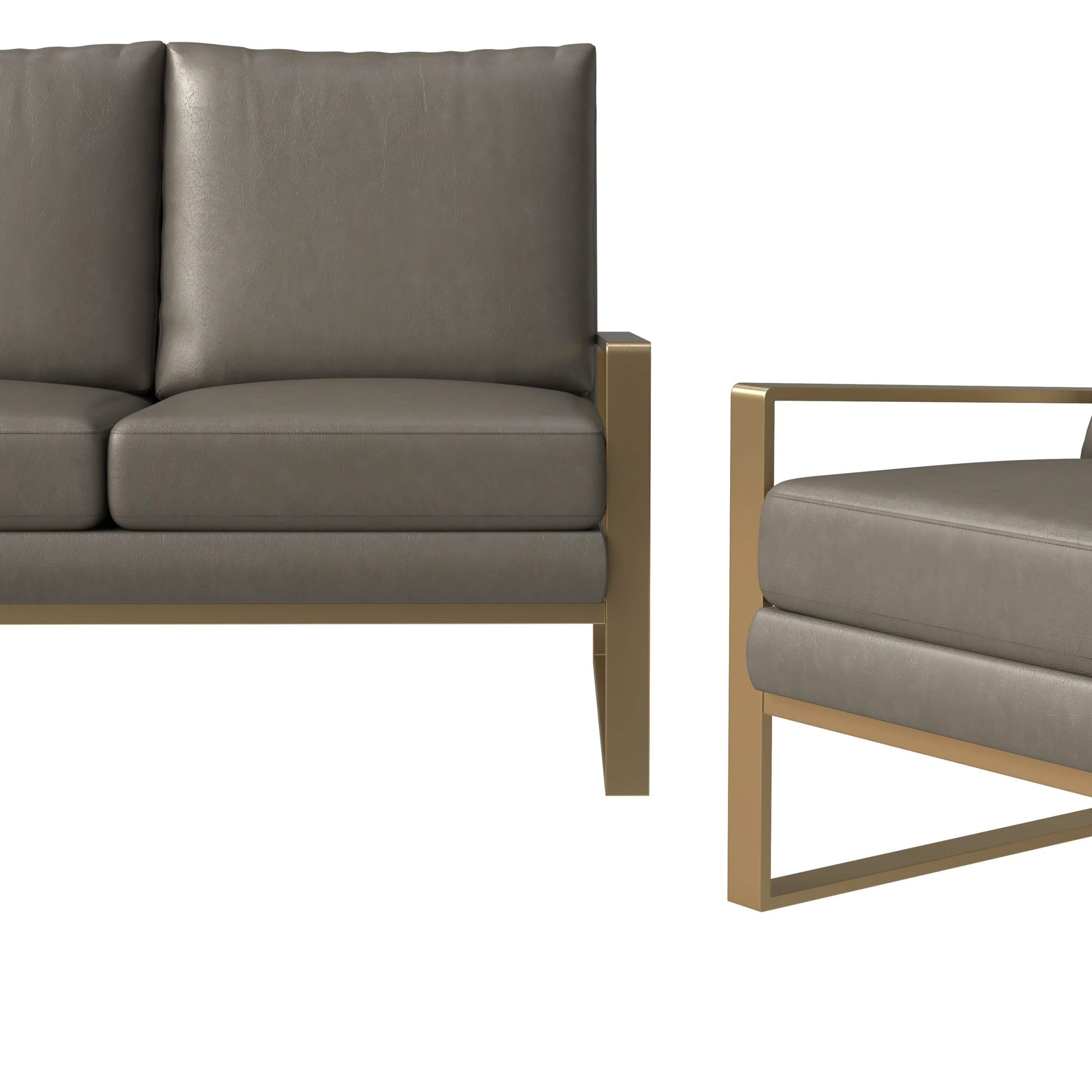 Jefferson 3 - Piece Leather Sofa Set with Silver/Gold Stainless Steel Base Accent Chair and Loveseat