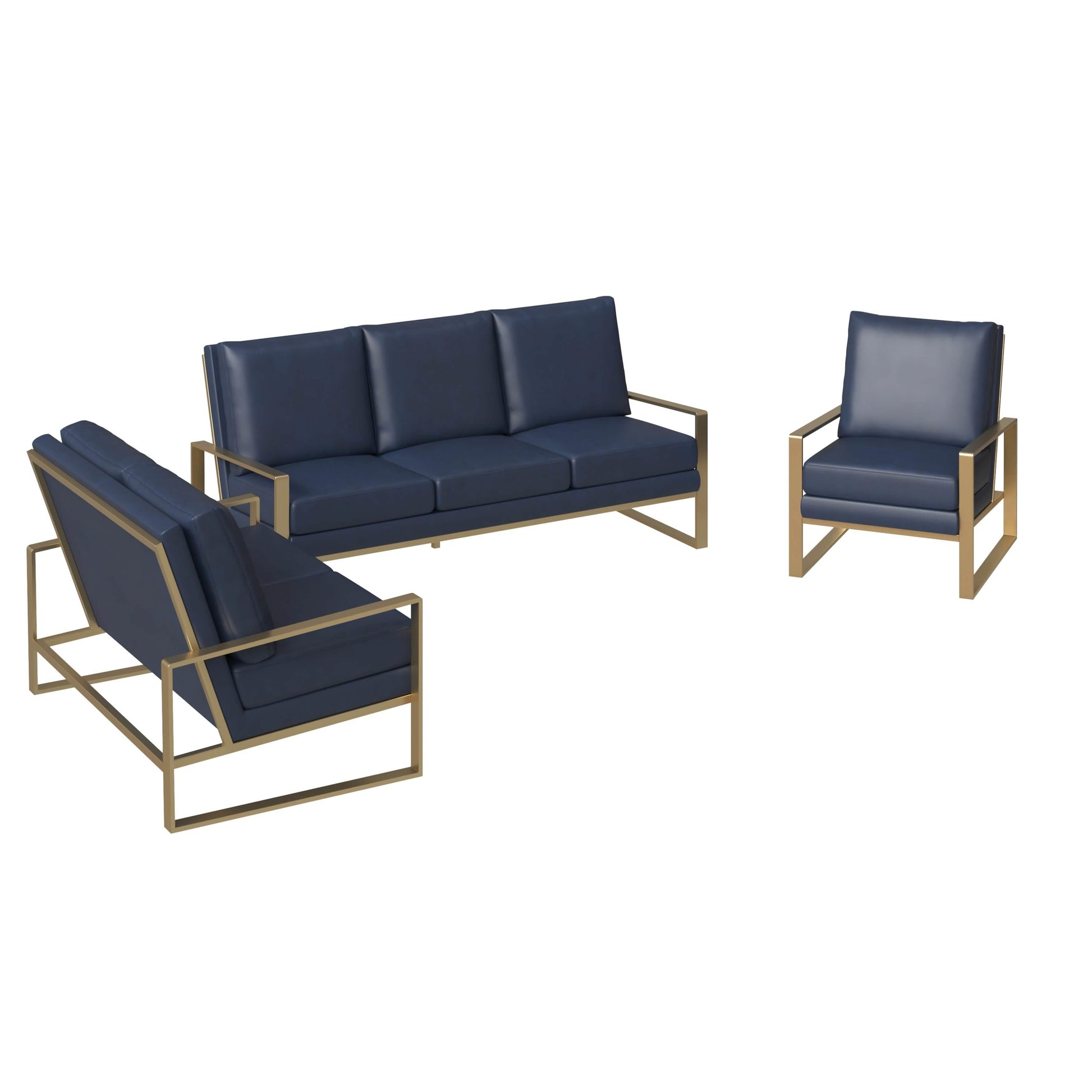 Jefferson 3 - Piece Leather Sofa Set with Silver/Gold Stainless Steel Base Accent Chair and Loveseat