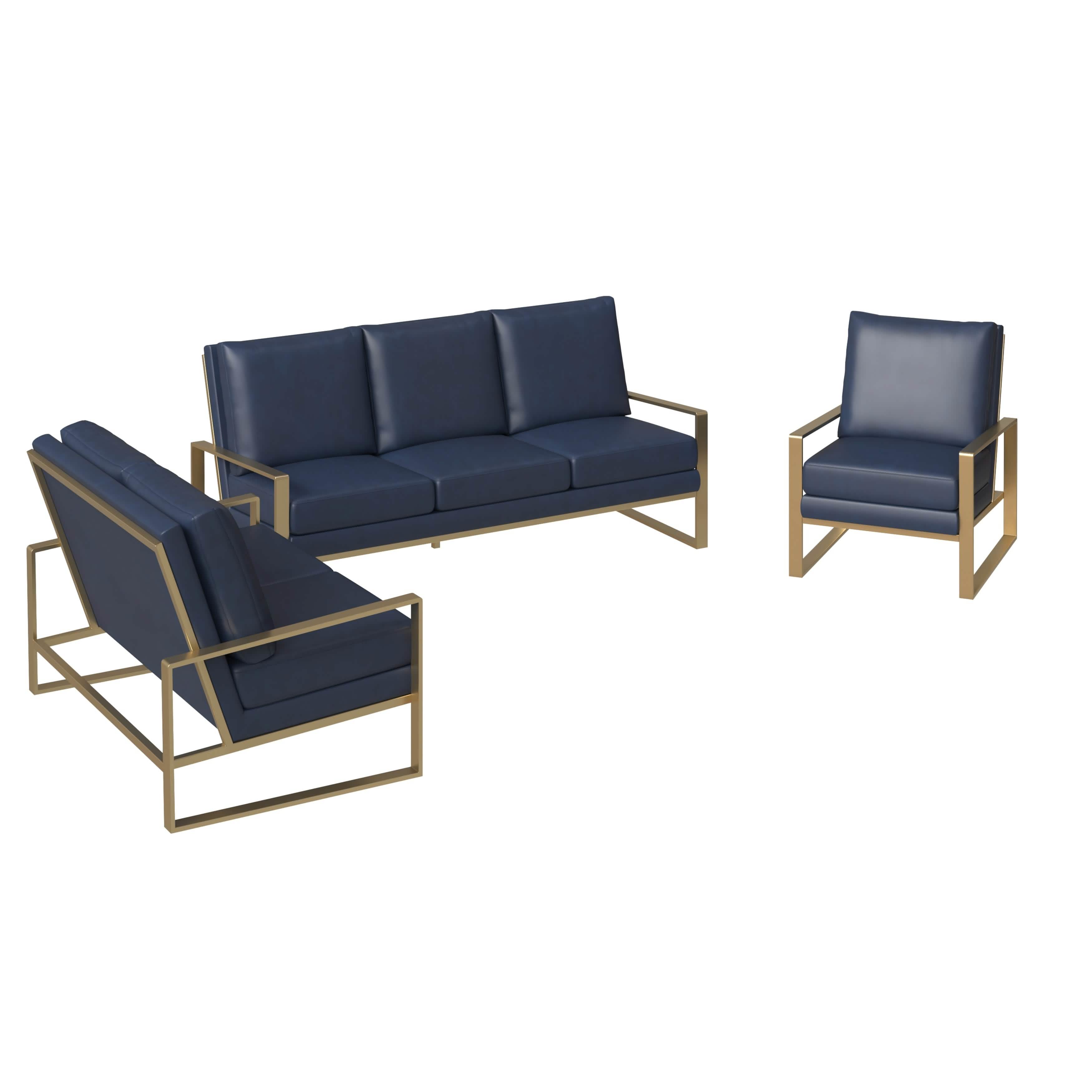 Jefferson 3 - Piece Leather Sofa Set with Silver/Gold Stainless Steel Base Accent Chair and Loveseat
