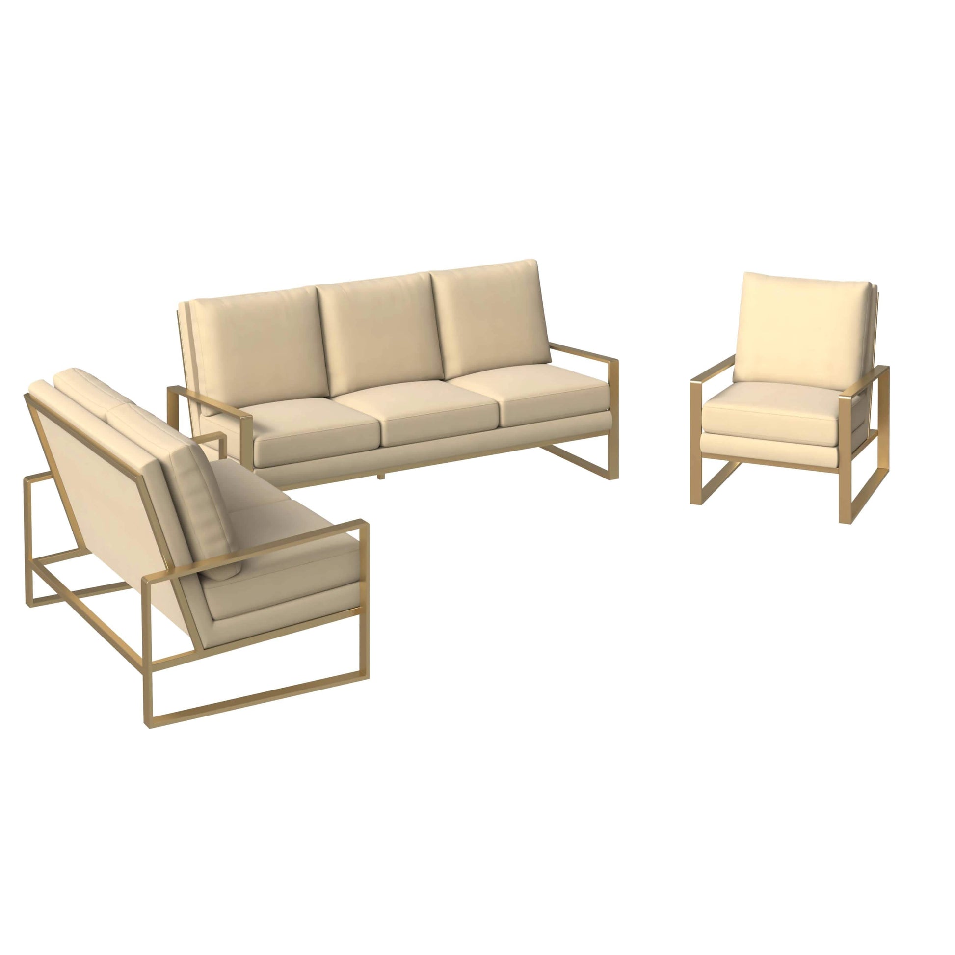 Jefferson 3 - Piece Leather Sofa Set with Silver/Gold Stainless Steel Base Accent Chair and Loveseat