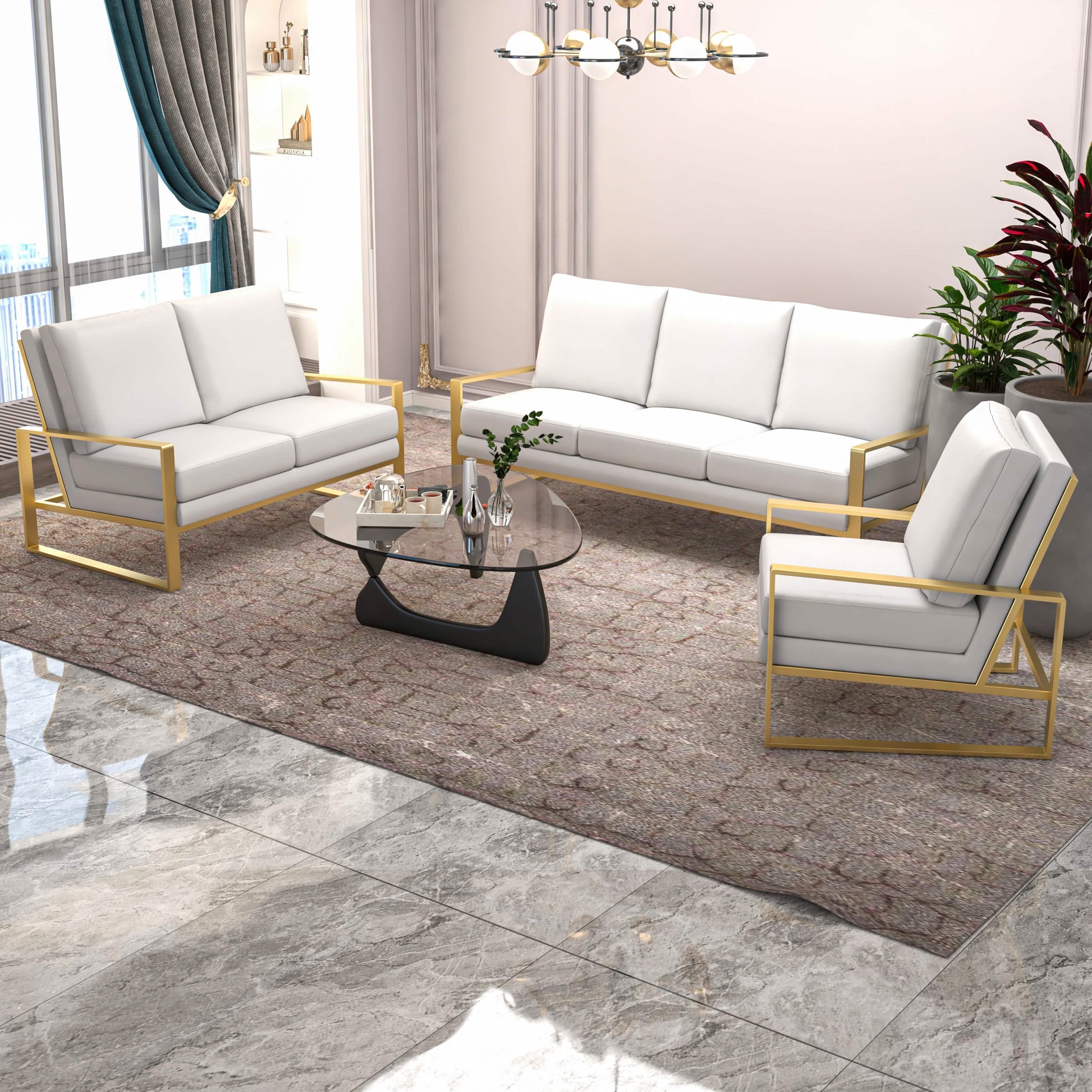 Jefferson 3 - Piece Leather Sofa Set with Silver/Gold Stainless Steel Base Accent Chair and Loveseat