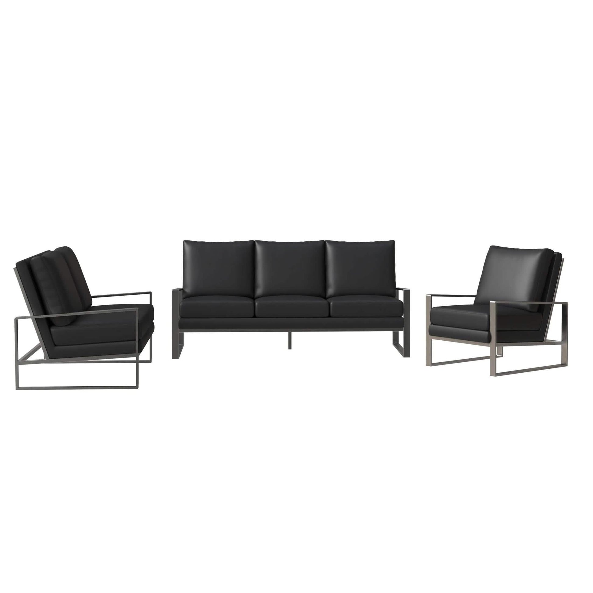 Jefferson 3 - Piece Leather Sofa Set with Silver/Gold Stainless Steel Base Accent Chair and Loveseat