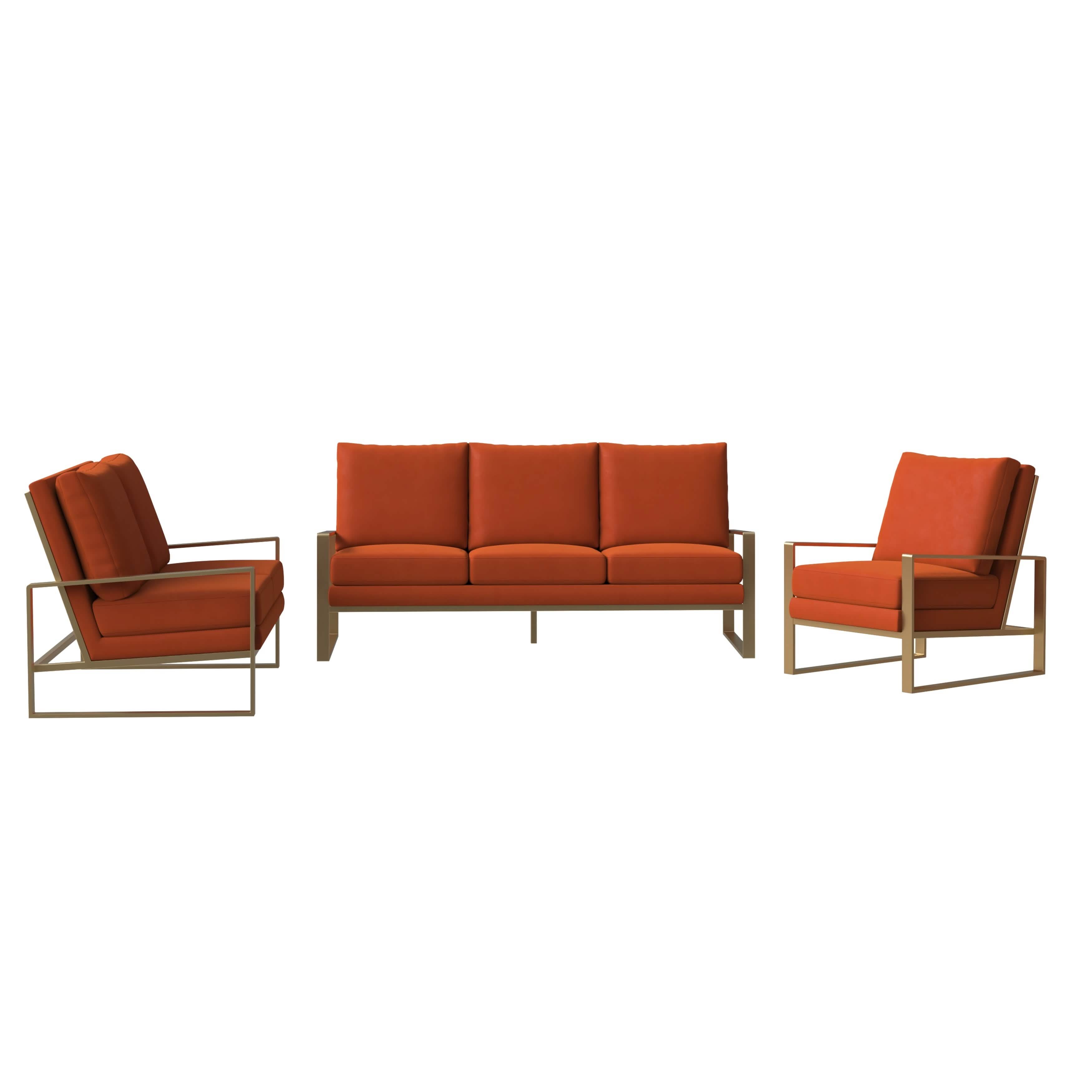 Jefferson 3 - Piece Leather Sofa Set with Silver/Gold Stainless Steel Base Accent Chair and Loveseat